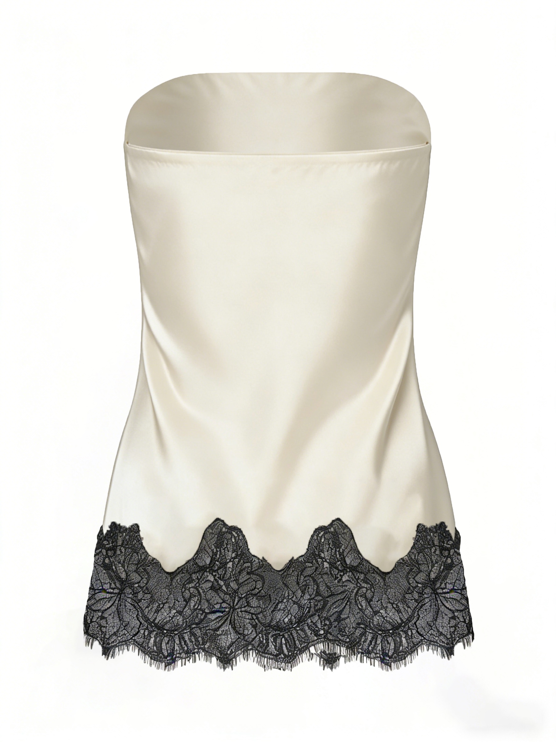 2026 Spring Summer Sophisticated Satin Strapless Top: Black Lace Wave-Edge Design, High-End Commute Piece