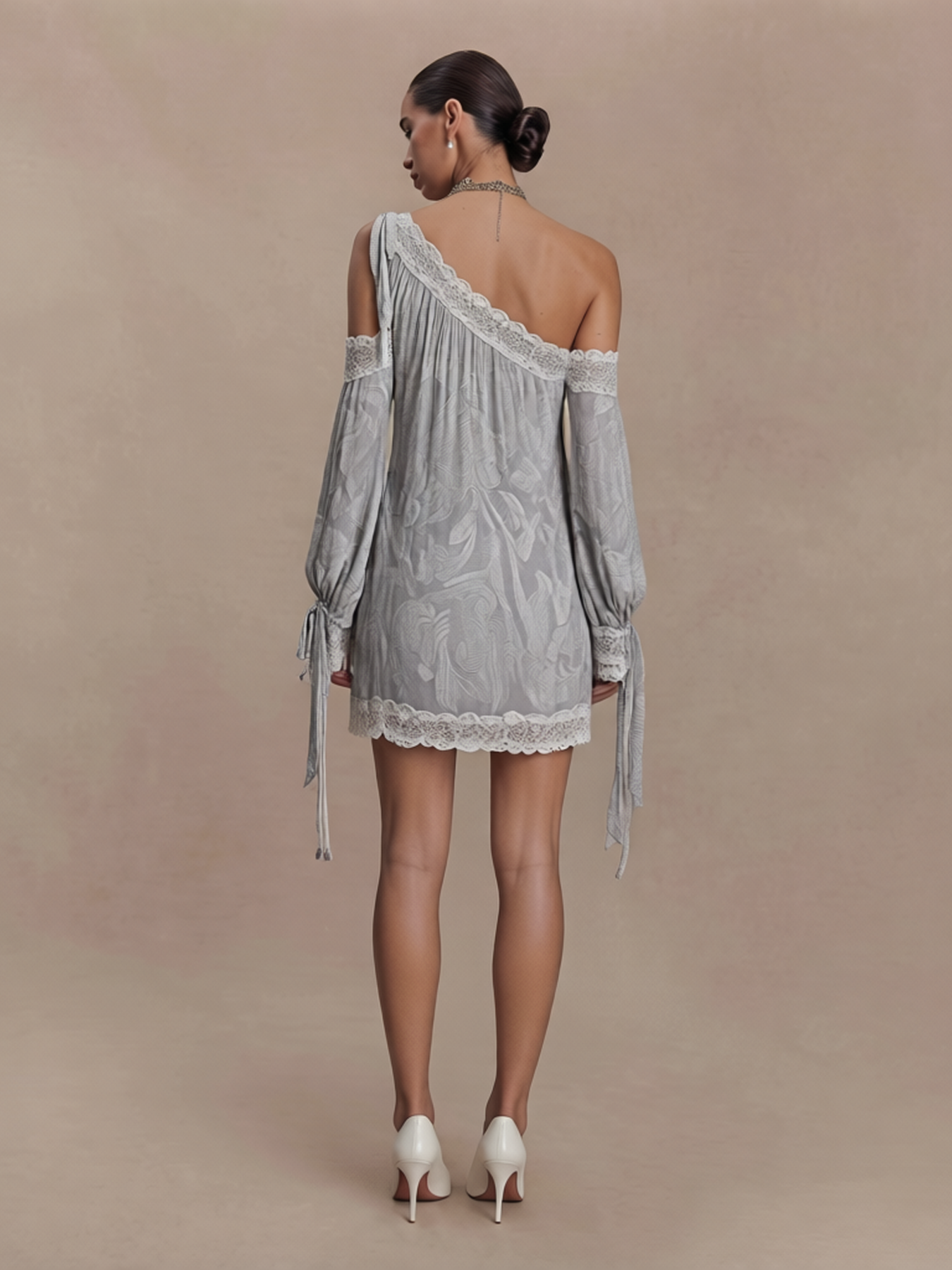 One Shoulder Lace Trim Mini Dress