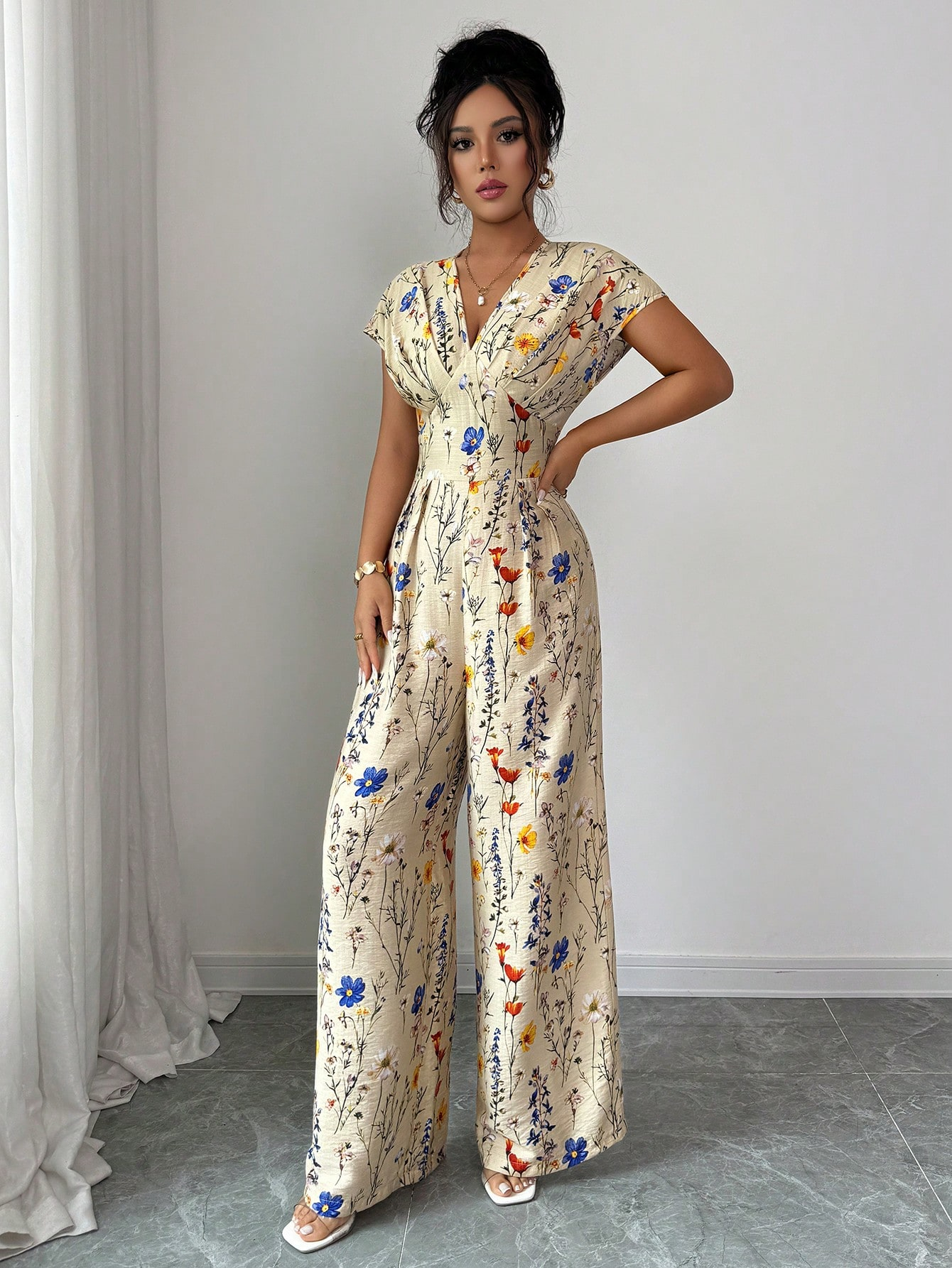 Vacation V-Neck Waist Cinching Apricot Printed Jumpsuit