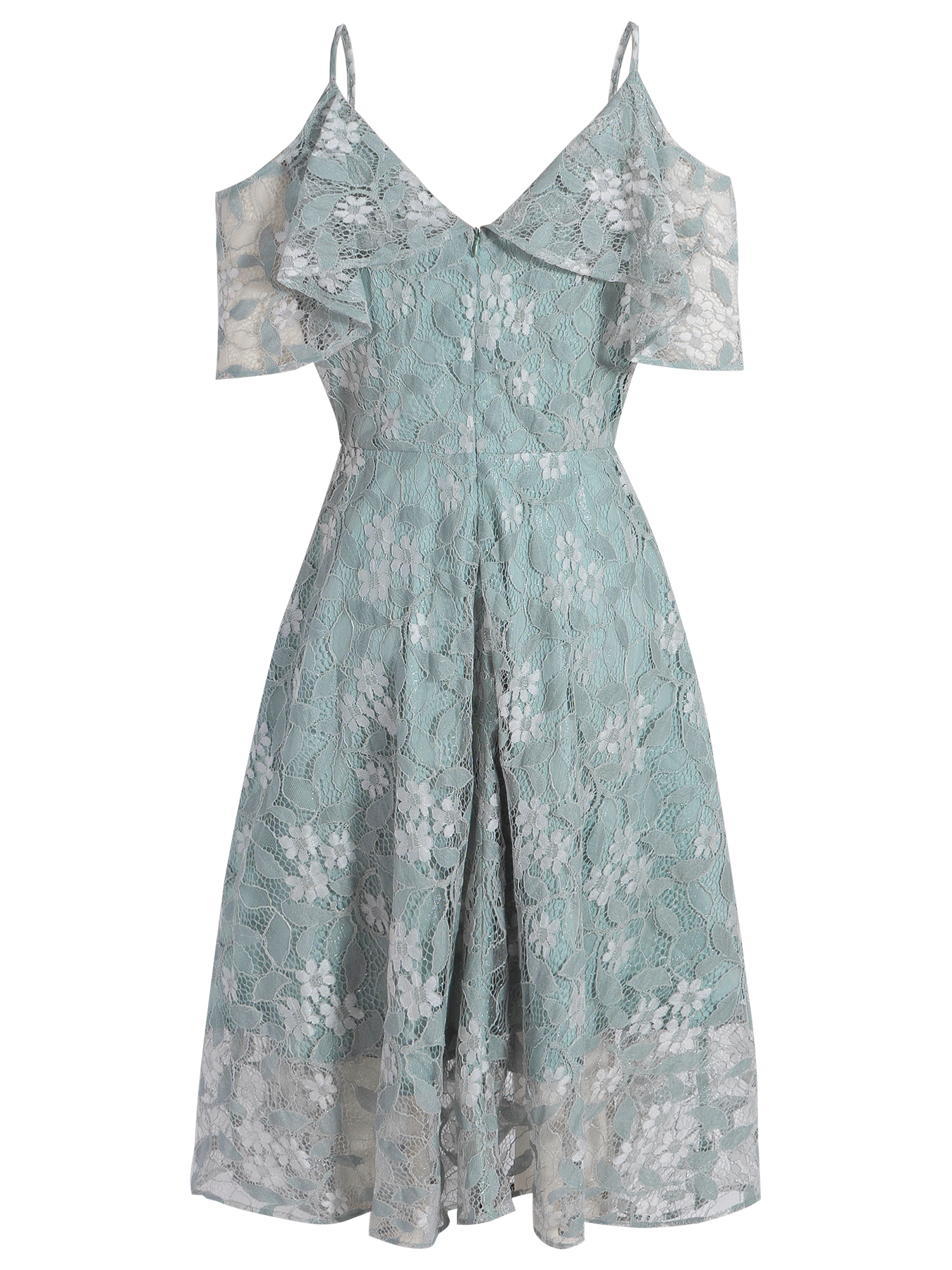 Women's Mint Green Lace Cold-Shoulder Spaghetti Strap Midi Dress