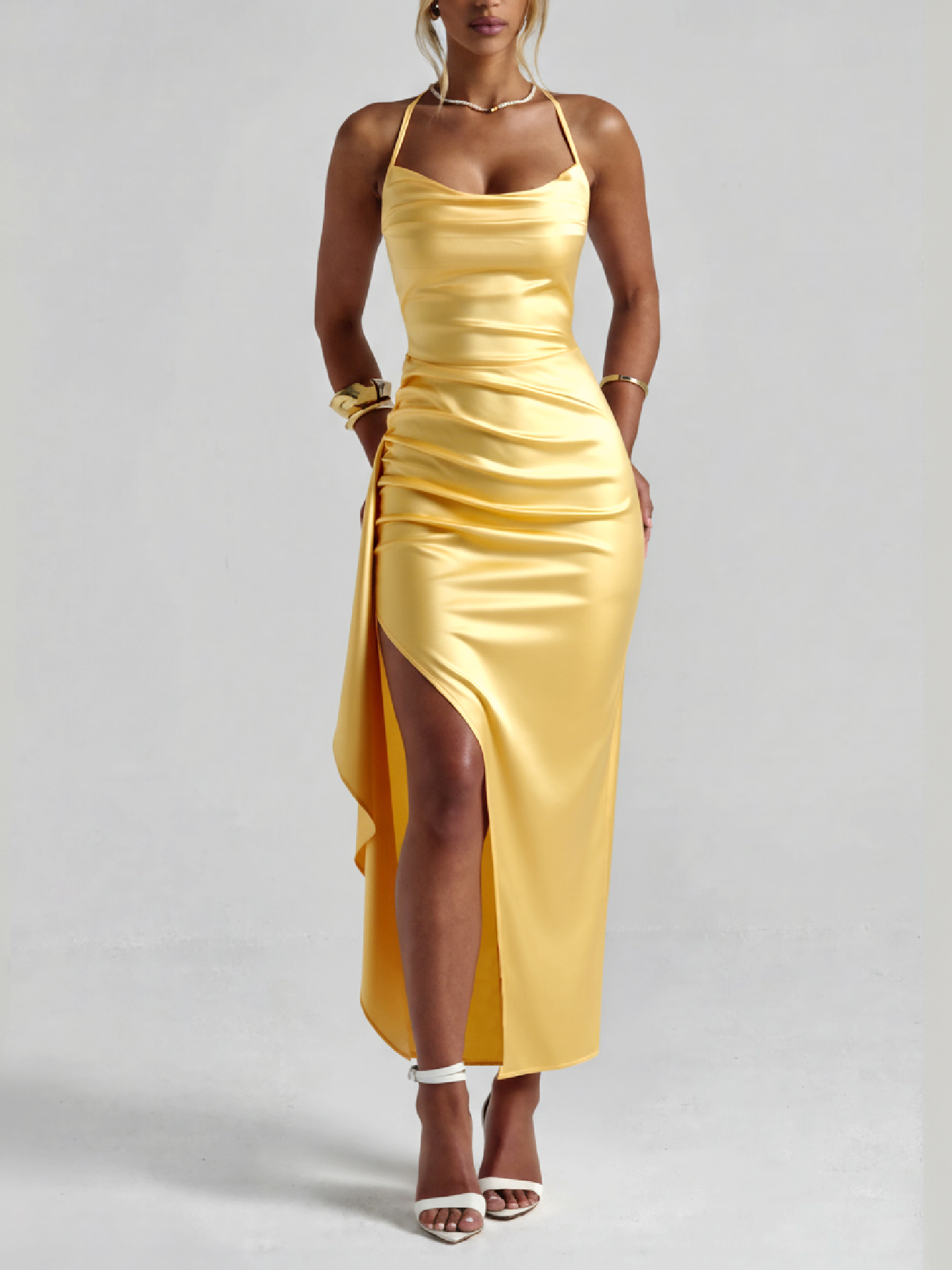 Woman's Yellow Satin Cowl Neck Ruched High Slit Maxi Dress with Thin Straps