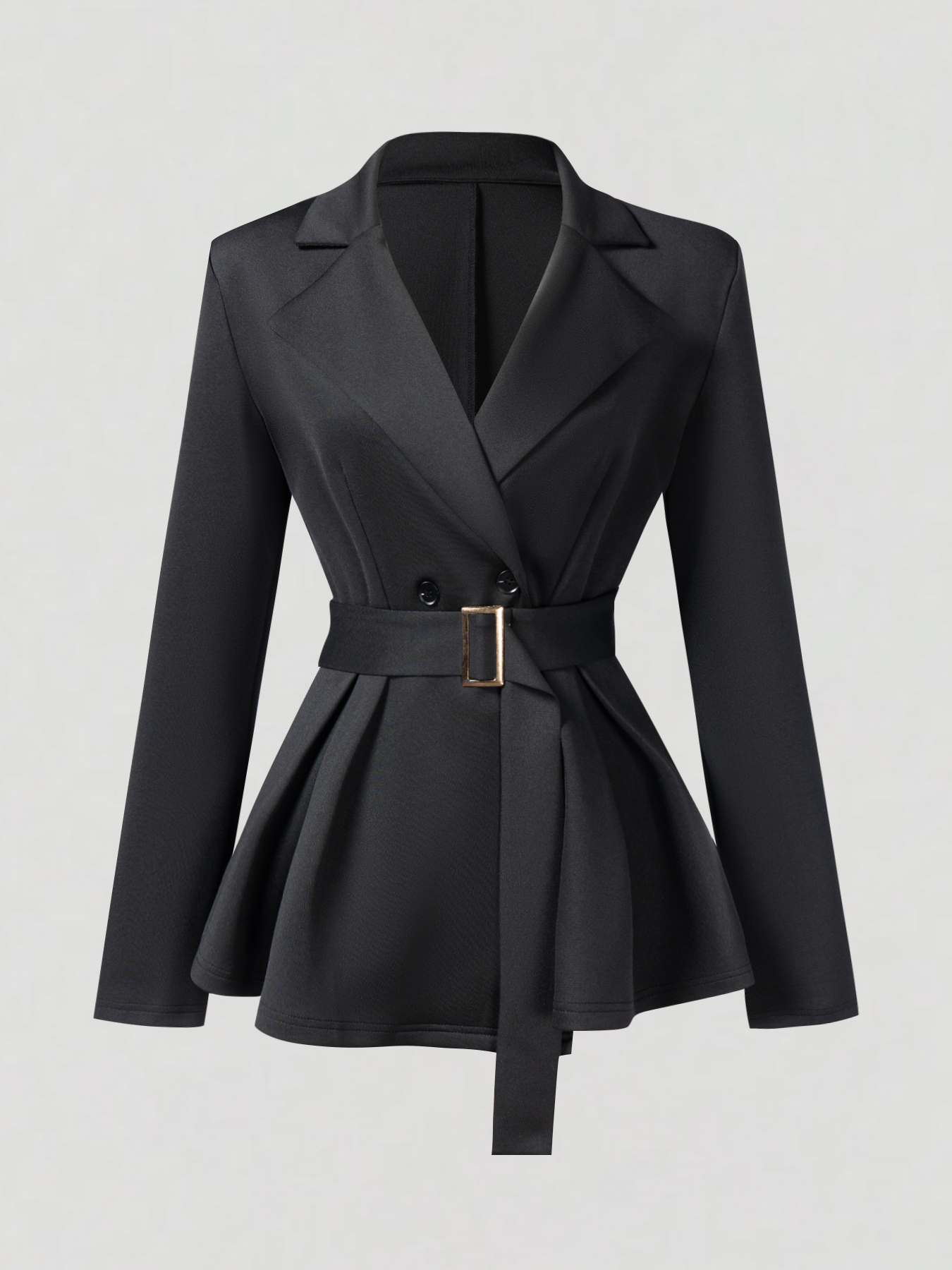 Women's Black Double-Breasted Belted Peplum Blazer with Back Slit