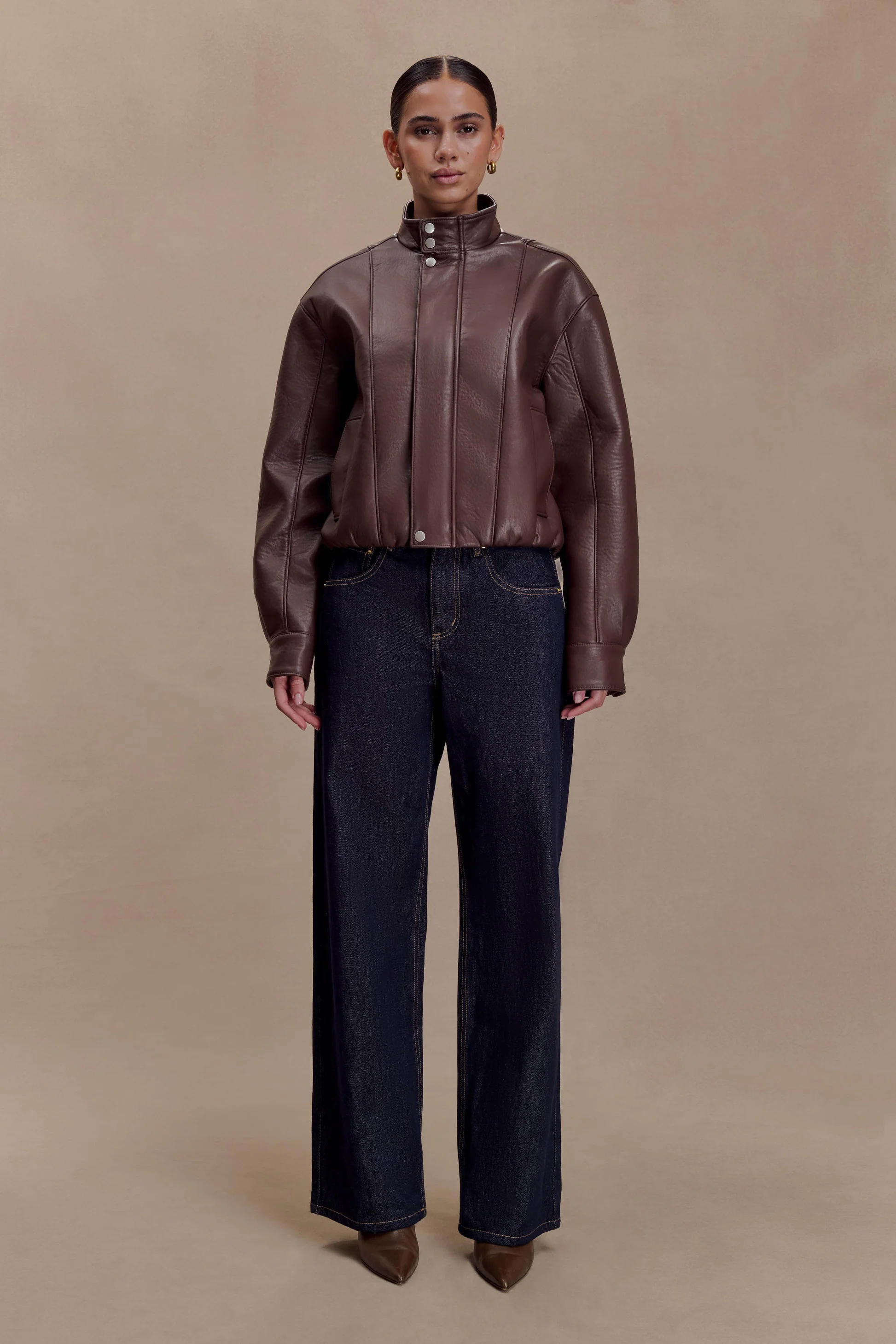 Woman's Vintage Relaxed Fit Stand Collar Short Leather Jacket : Oversized Genuine Leather Bomber