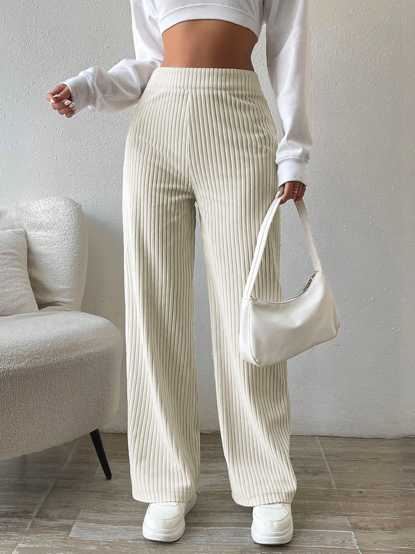 Women's Cream Ribbed Wide Leg Pants