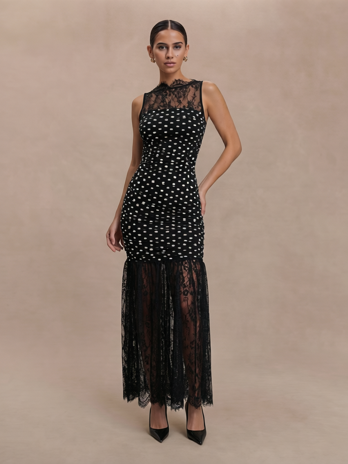Sleeveless Lace Sheer Polka Dot Dress Ruched Bodycon Sheer Maxi Dress