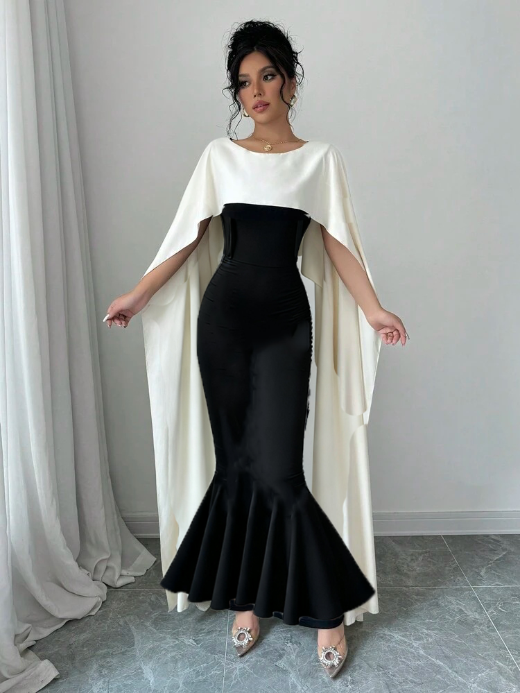 Woman's Black & White Cape Overlay Mermaid Maxi Dress