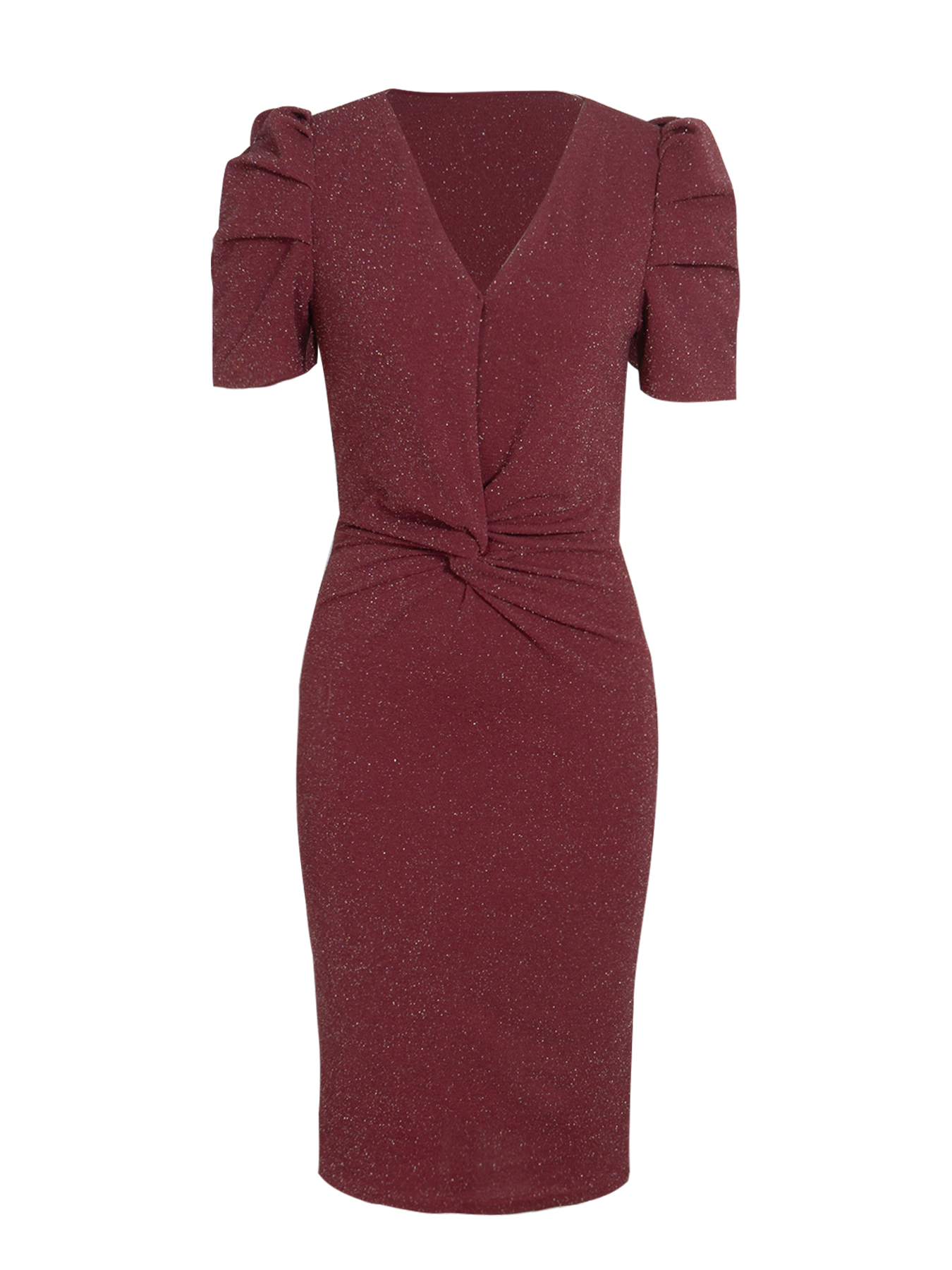 Woman's Glitter Deep V Puff Sleeve Ruched Midi Dress