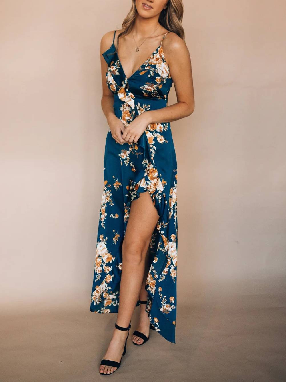 Boho Spaghetti Strap Floral Print High Slit Vacation Maxi Dress