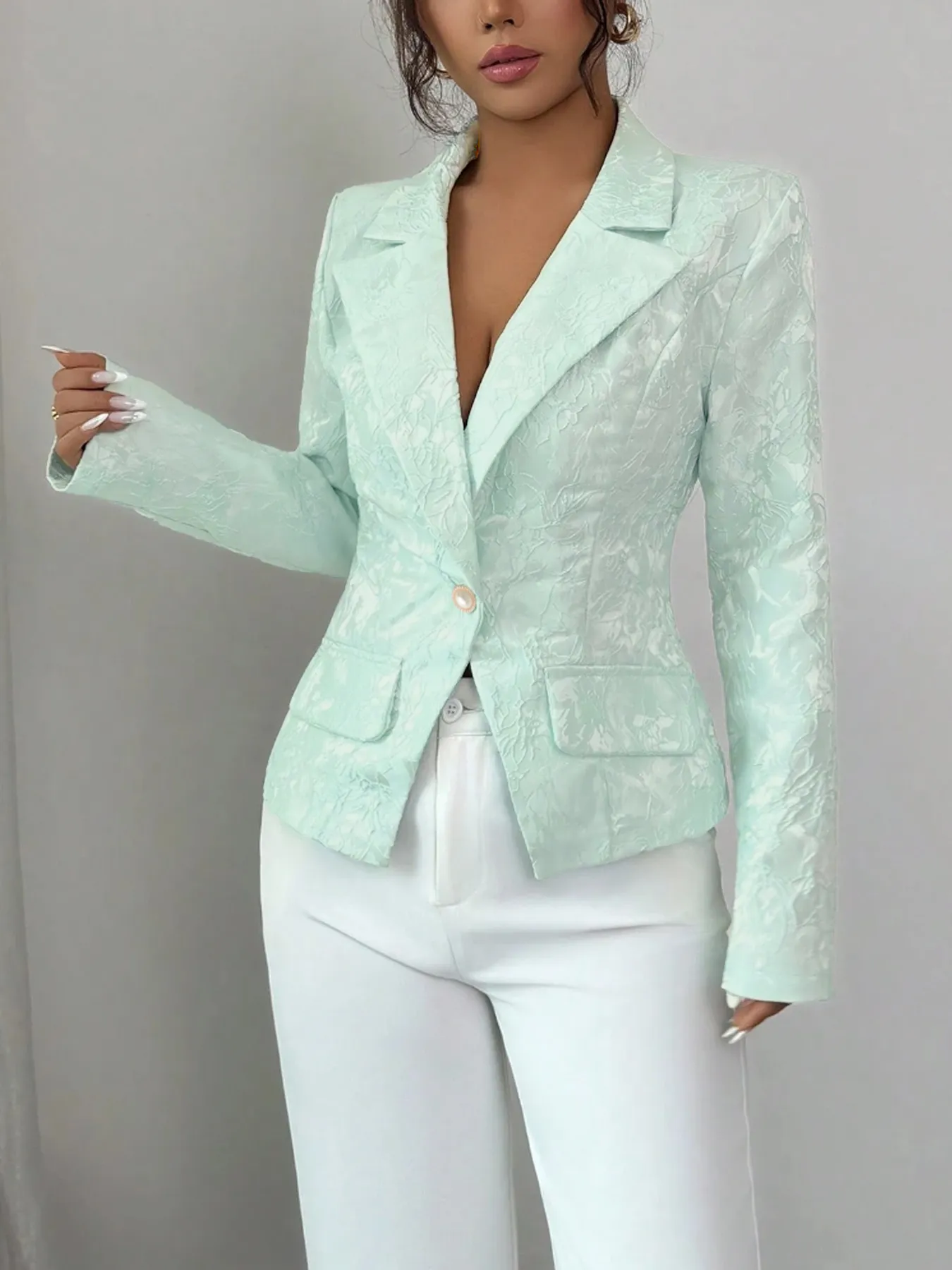 Green Tie Flower Closed-Way Suit Jacket Female Single-Line Pearl Button Style Small Suit