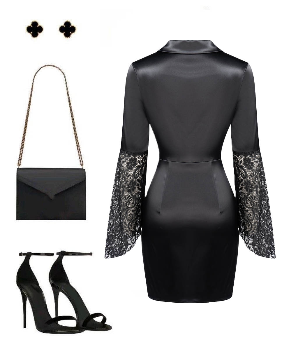 Woman's Black Satin Cowl Neck Collared Lace Bell Sleeve Bodycon Mini Dress