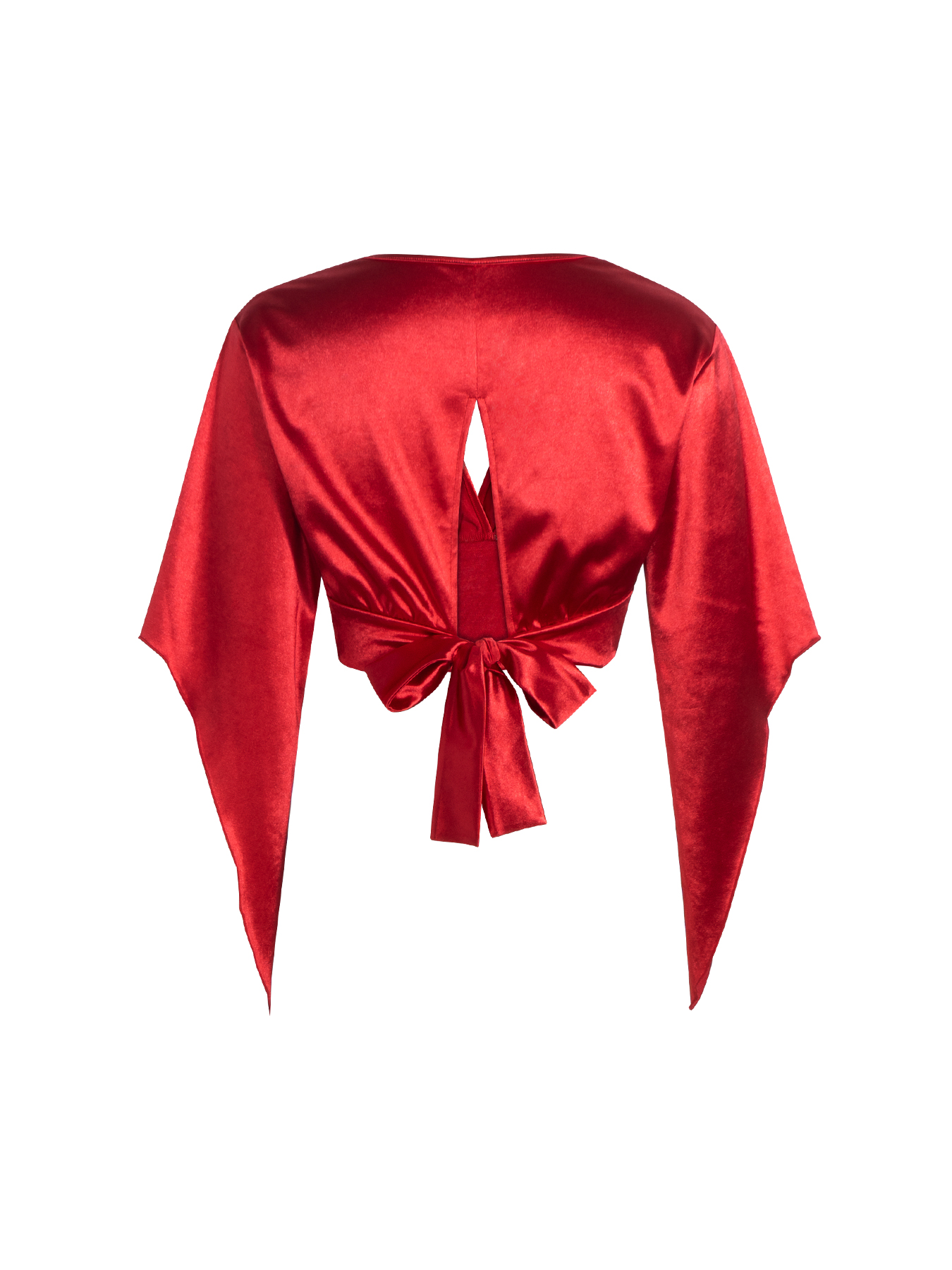Women's Red Satin Deep V-Neck Bell Sleeve Crop Top