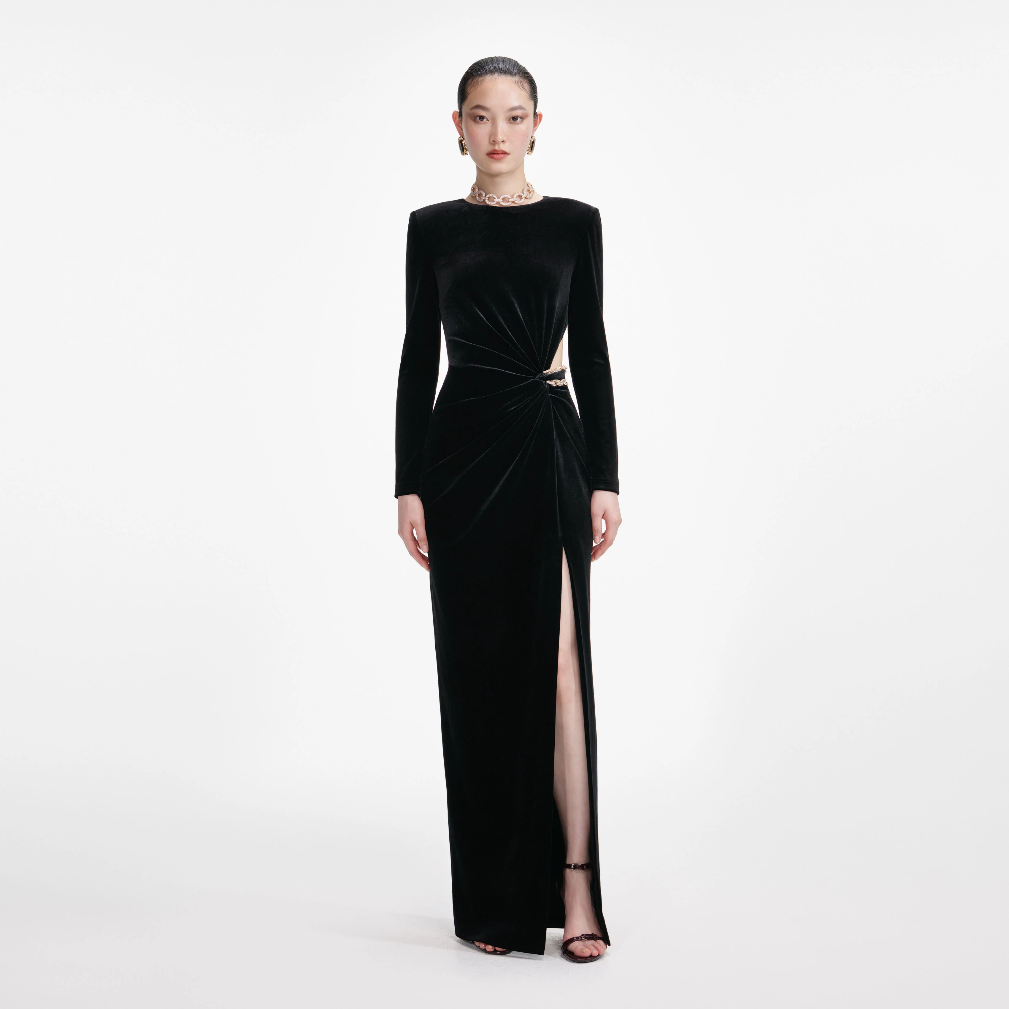 Woman's Vintage Luxury Black Velvet Formal Dress Cutout Waist Twist Metal Buckle Long-Sleeve Slit Maxi Dress