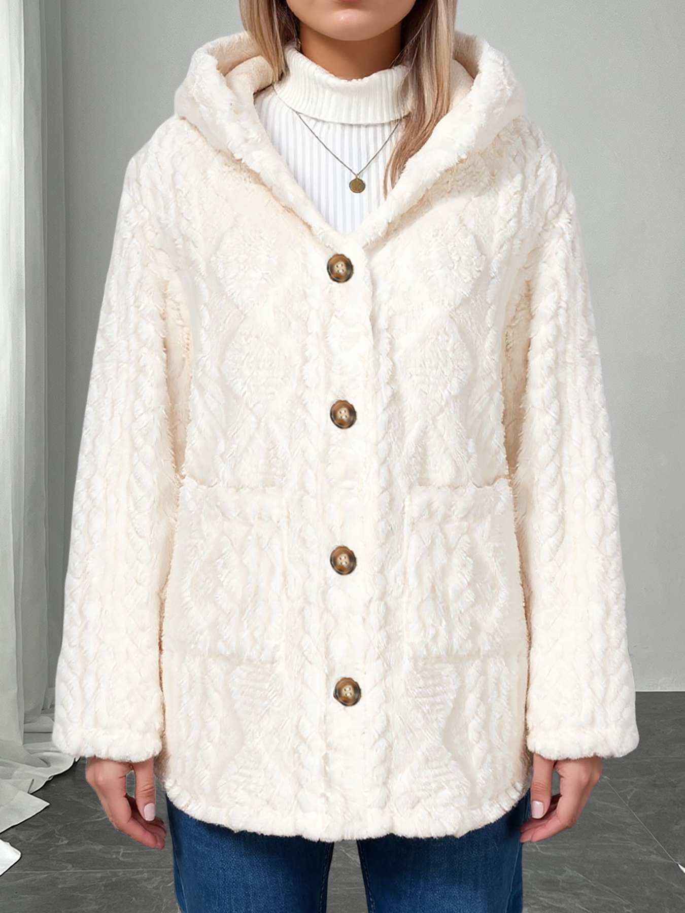 Woman's Cream Faux Fur Hooded Coat with Cable Knit Texture & Metal Buttons
