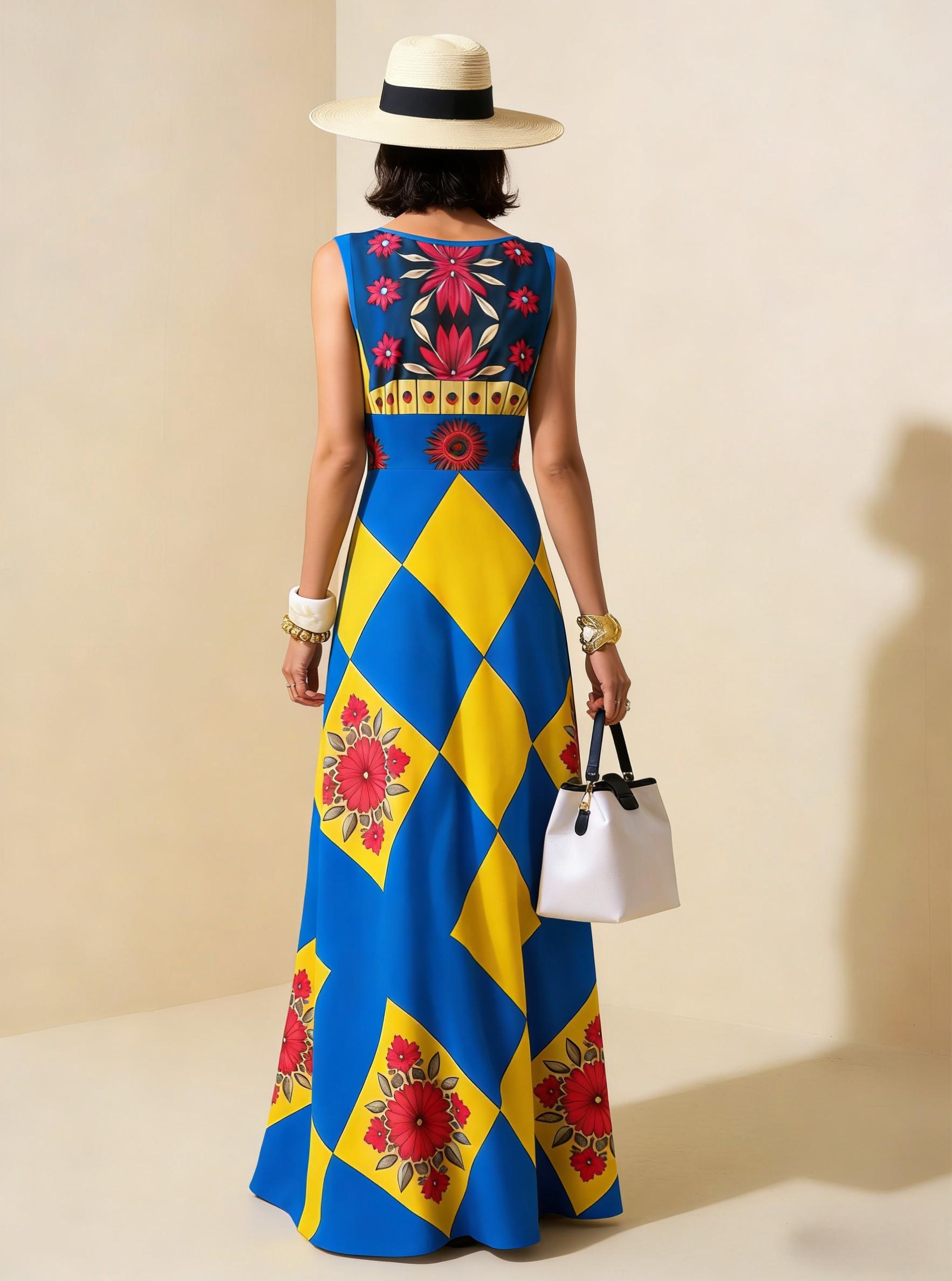 Blue & Yellow Diamond Floral Sleeveless Maxi Dress, Boho Vacation Flowy A Line Dress