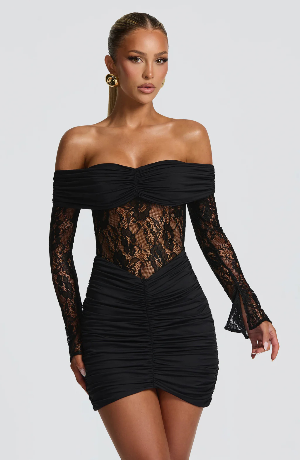 Women's Glam Off Shoulder Long Sleeve Lace Panel Ruched Mini Dress for Party