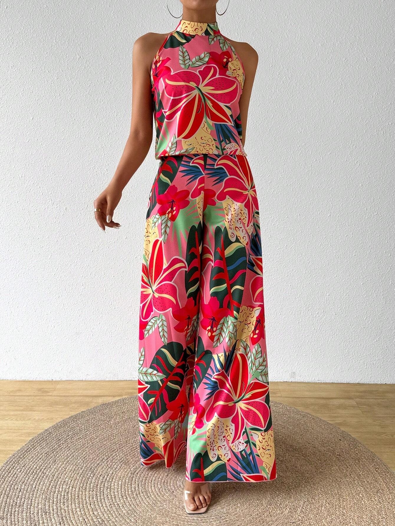Holiday Flower Neckholder Top & Wide Legs Two-Piece Set