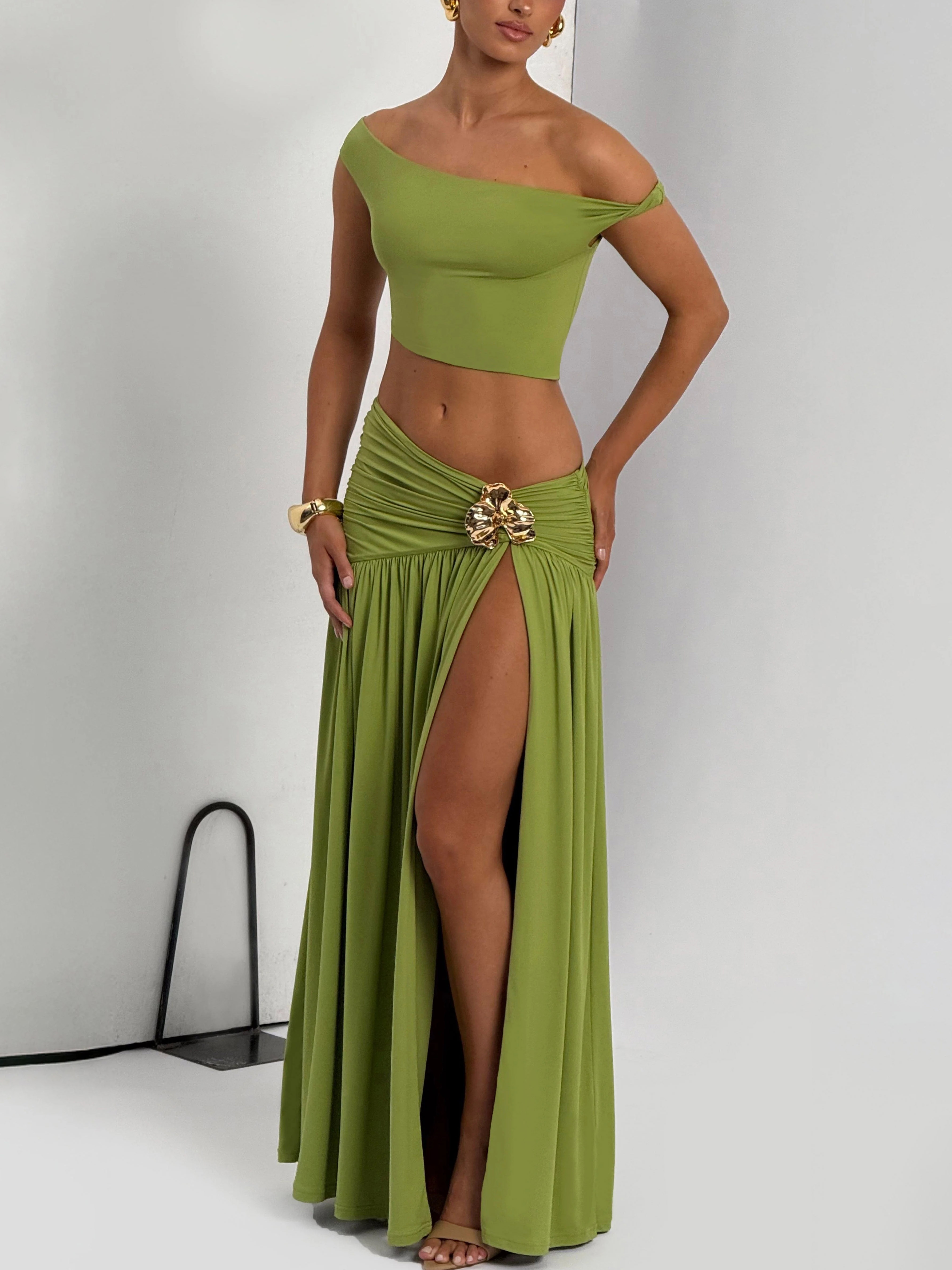Boho Off-the-Shoulder Crop Top & Maxi Skirt Two Piece Set