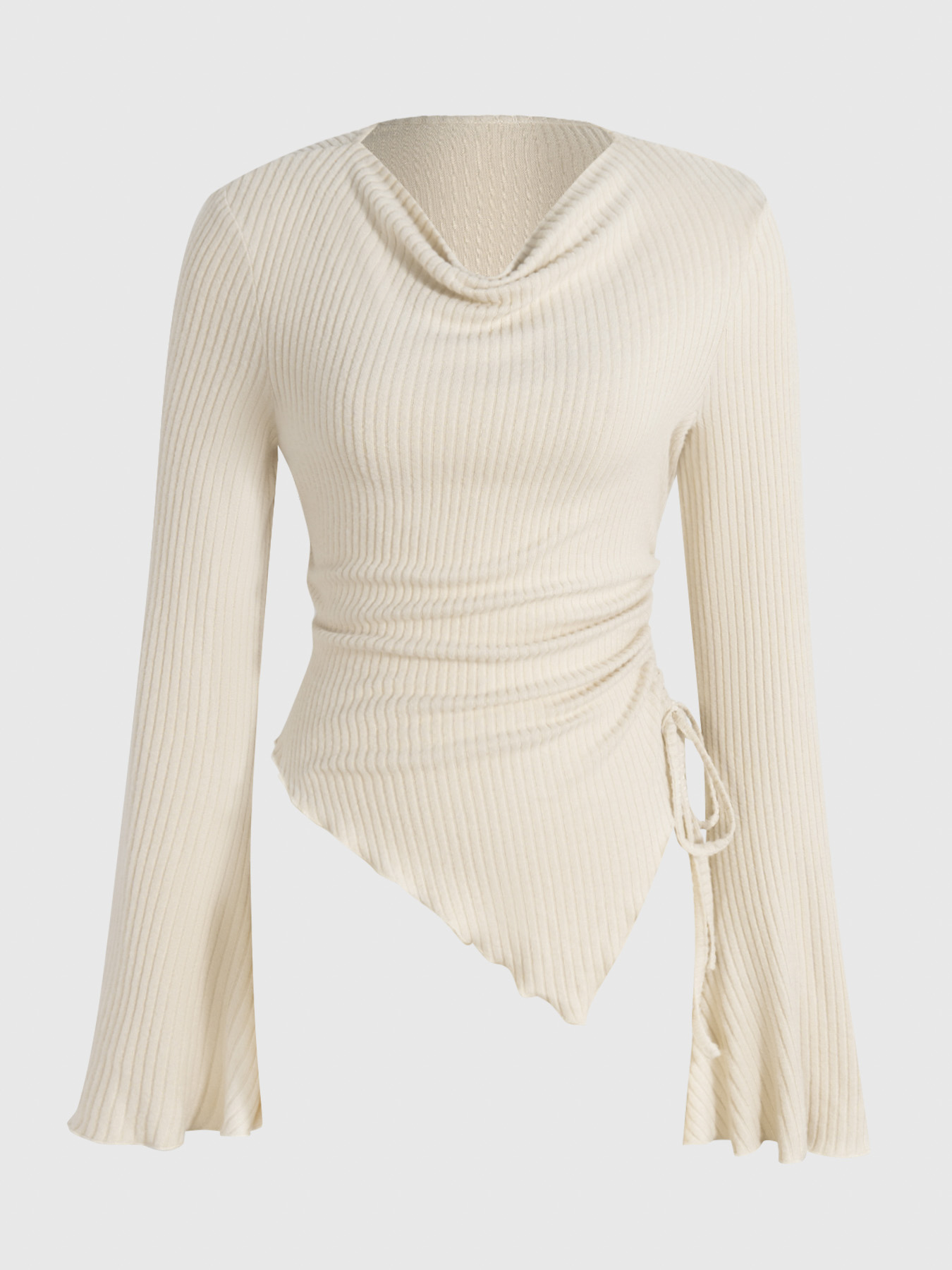 Y2K Cream Ribbed Cowl Neck Side Tie Asymmetrical Hem Top