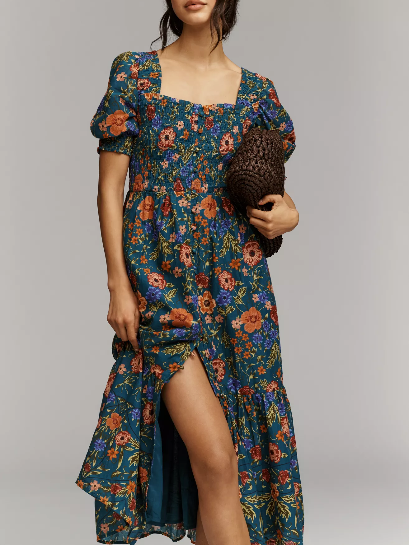 Boho Floral Print Smocked Puff Sleeve Midi Dress