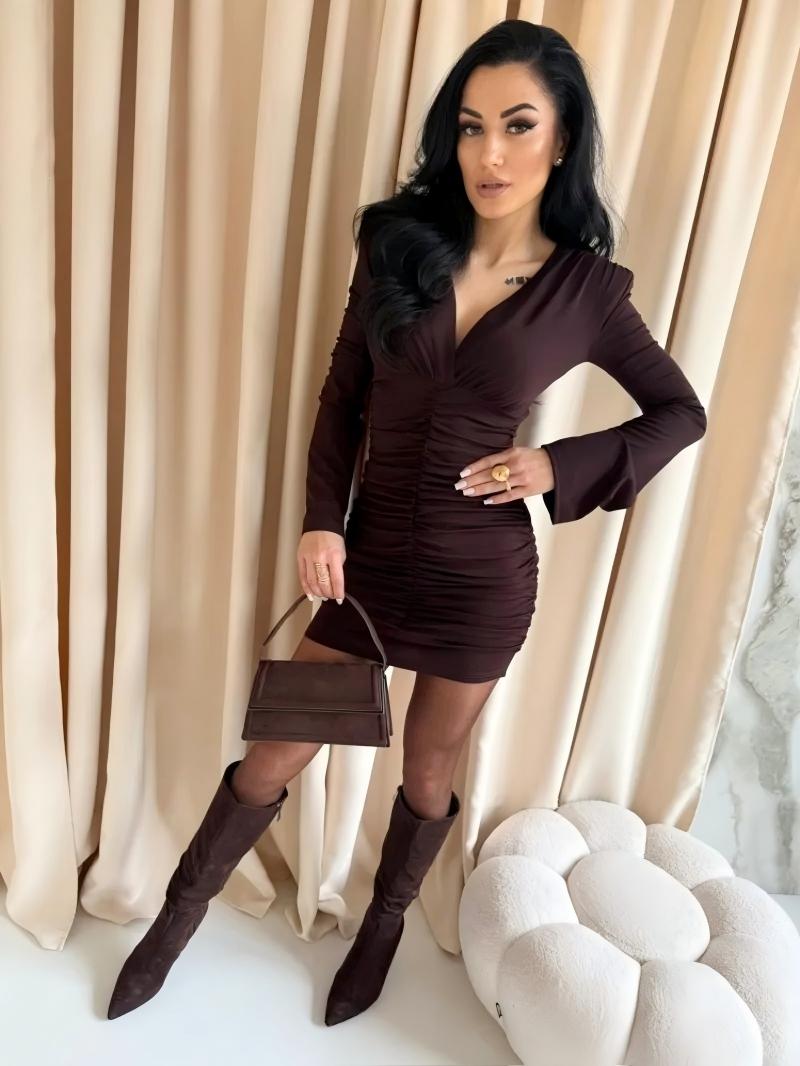 Woman's V-Neck Long Flared Sleeve Ruched Bodycon Mini Dress