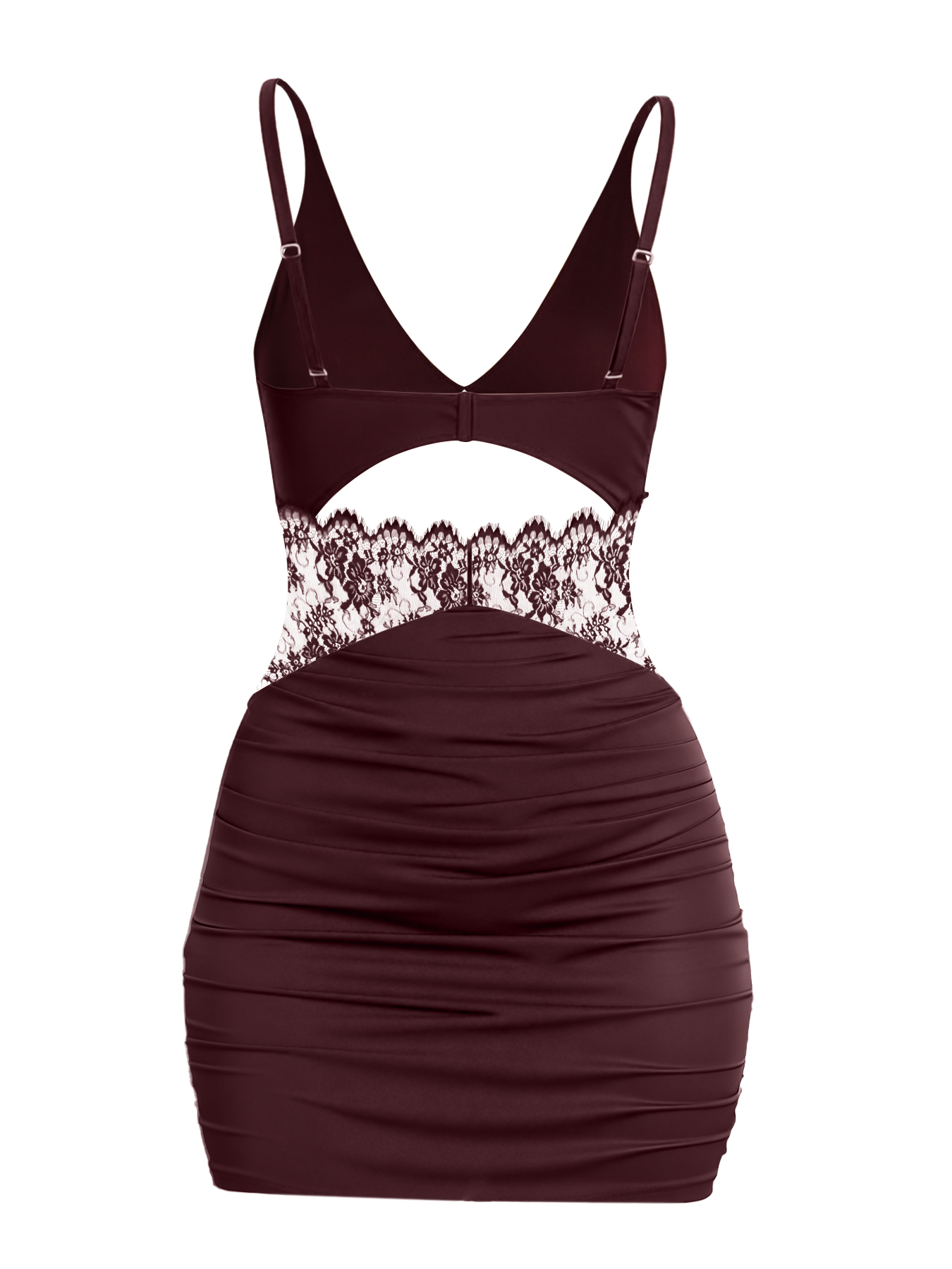 2026 Spring Summer New Style Sexy Rum Red Lace Cut-out Deep V-neck Strappy Mini Dress