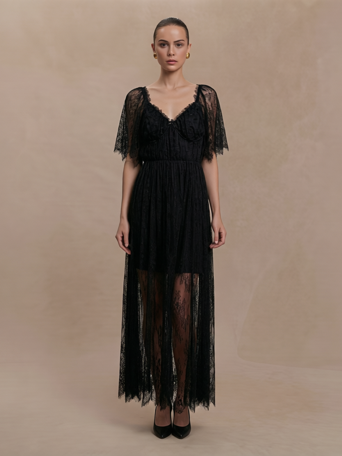 Women's Glamorous Lace Overlay Maxi Dress with Flutter Sleeves for Formal Events