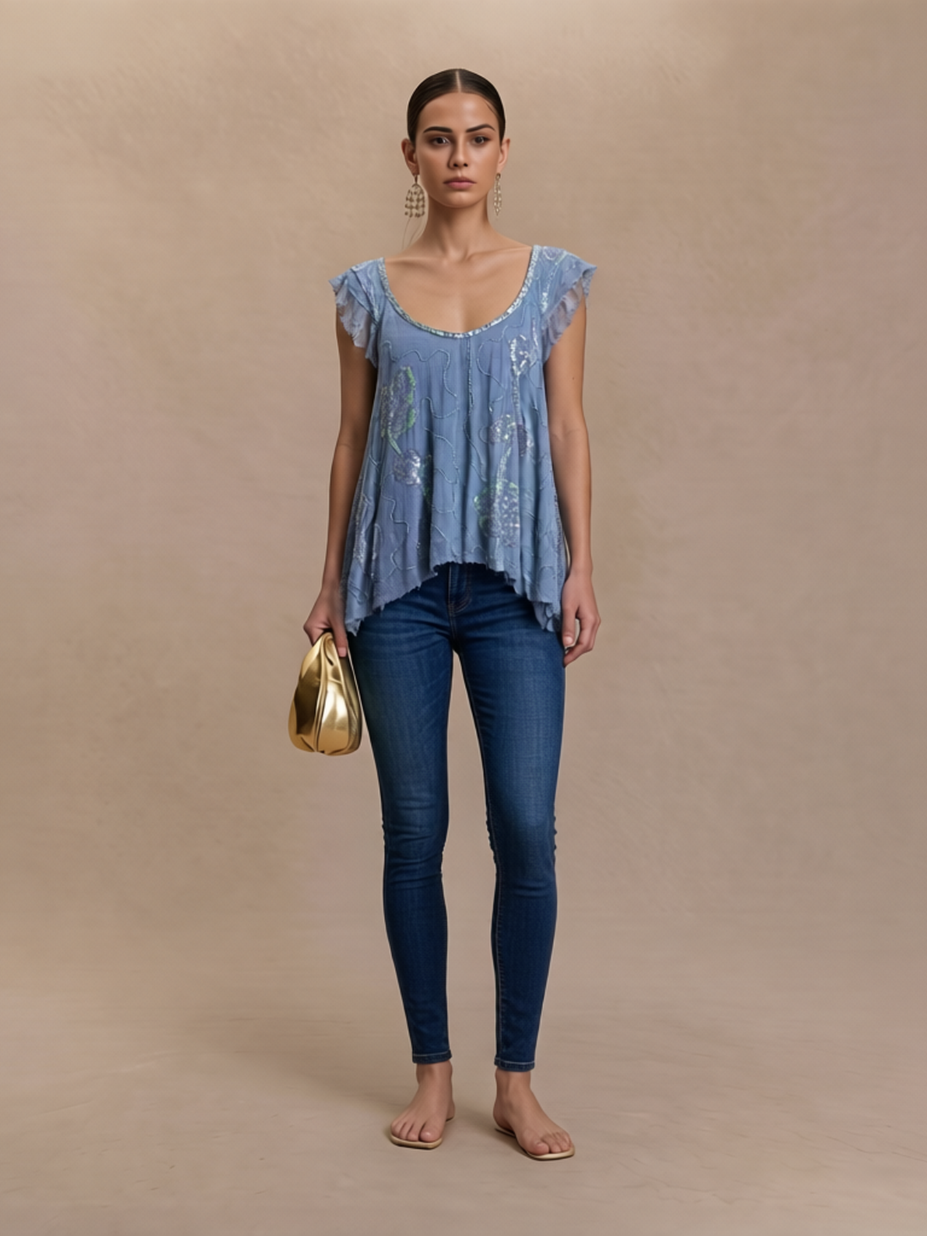 Sequin Floral Embroidered Flutter Sleeve Blouse