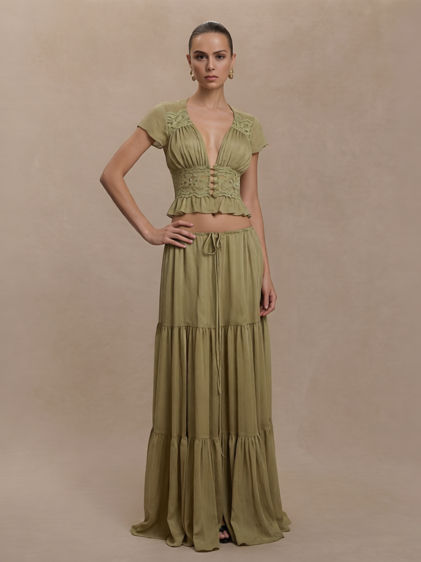 Lace Trim Two Piece Maxi Skirt Set