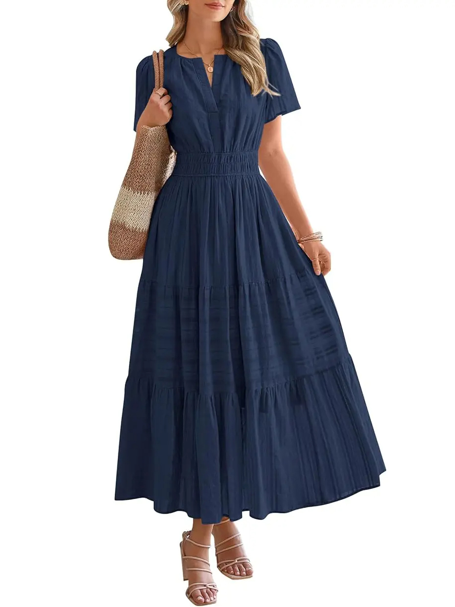 Casual V Neck Boho Midi Dress with Pockets