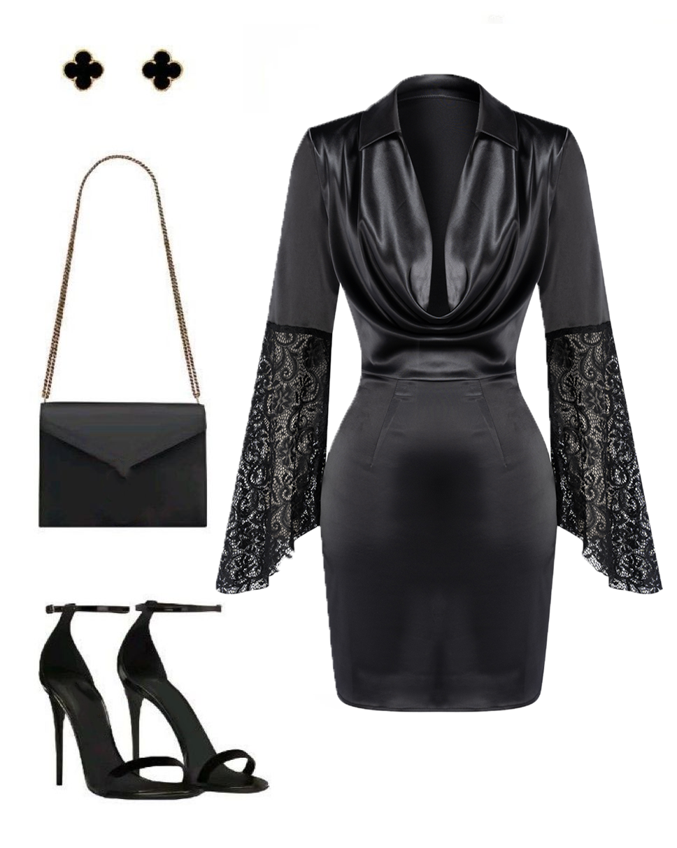 Woman's Black Satin Cowl Neck Collared Lace Bell Sleeve Bodycon Mini Dress