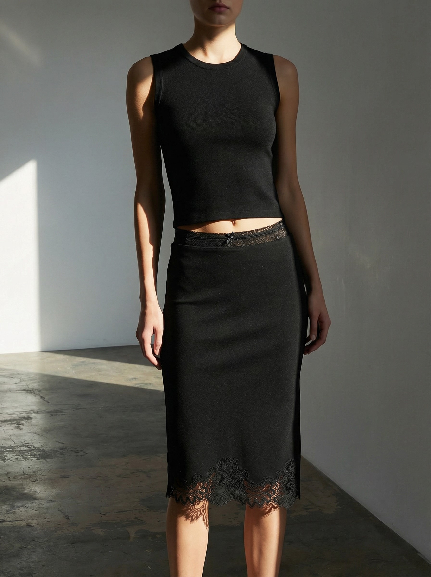 2026 Spring/Summer New Style Fashion Commuting Lace Splicing Waist and Hem Slim-fit Midi Skirt