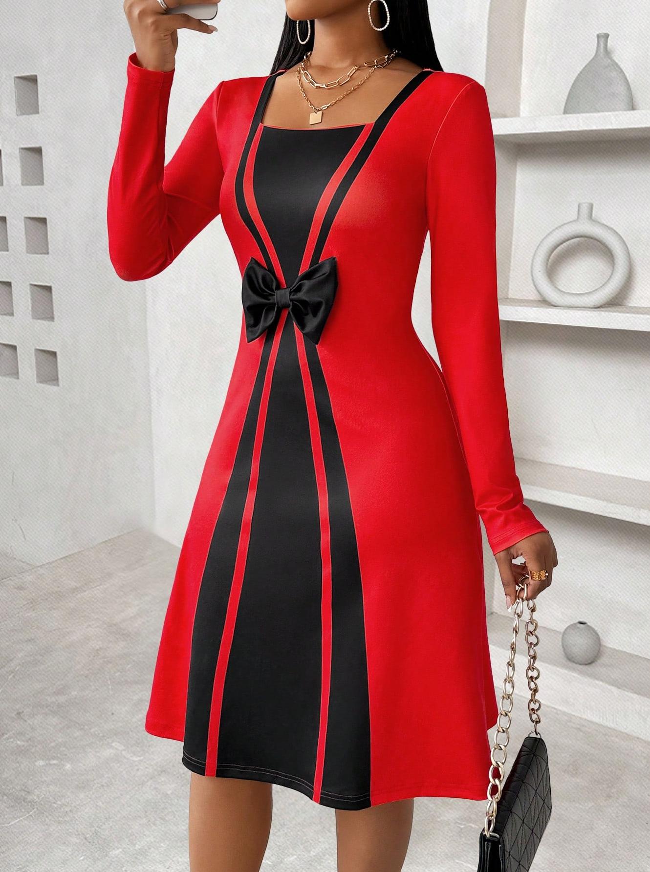 Women's Red and Black Contrast Bow - Front Long Sleeve Dress