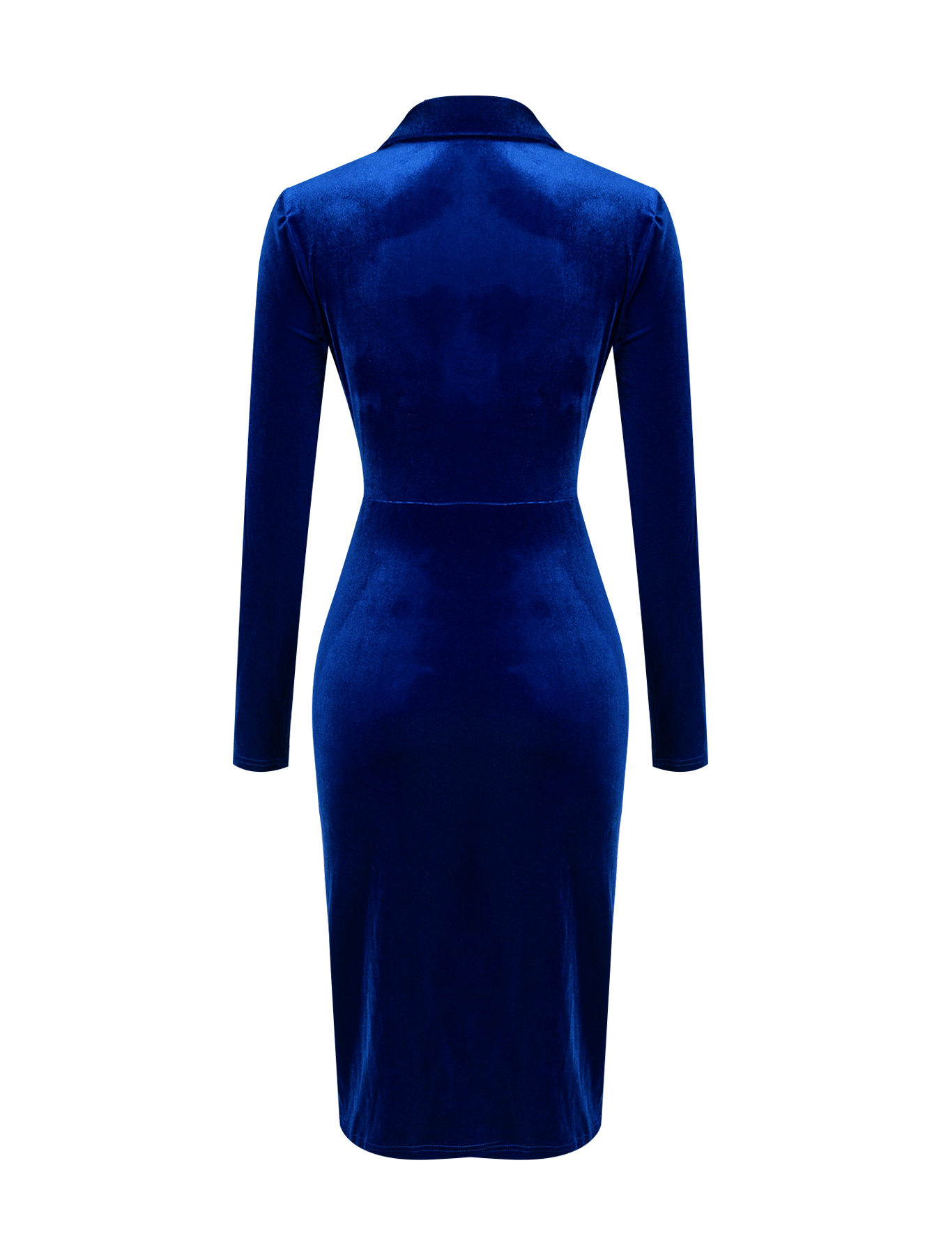 Woman's Royal Blue Velvet Collared V-Neck Long Sleeve Ruched Slit Dress