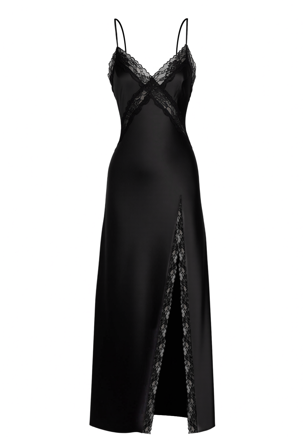 2026 Spring Summer Black Satin Slit Evening Gown - Sexy Lace Splicing Strappy Maxi Dress