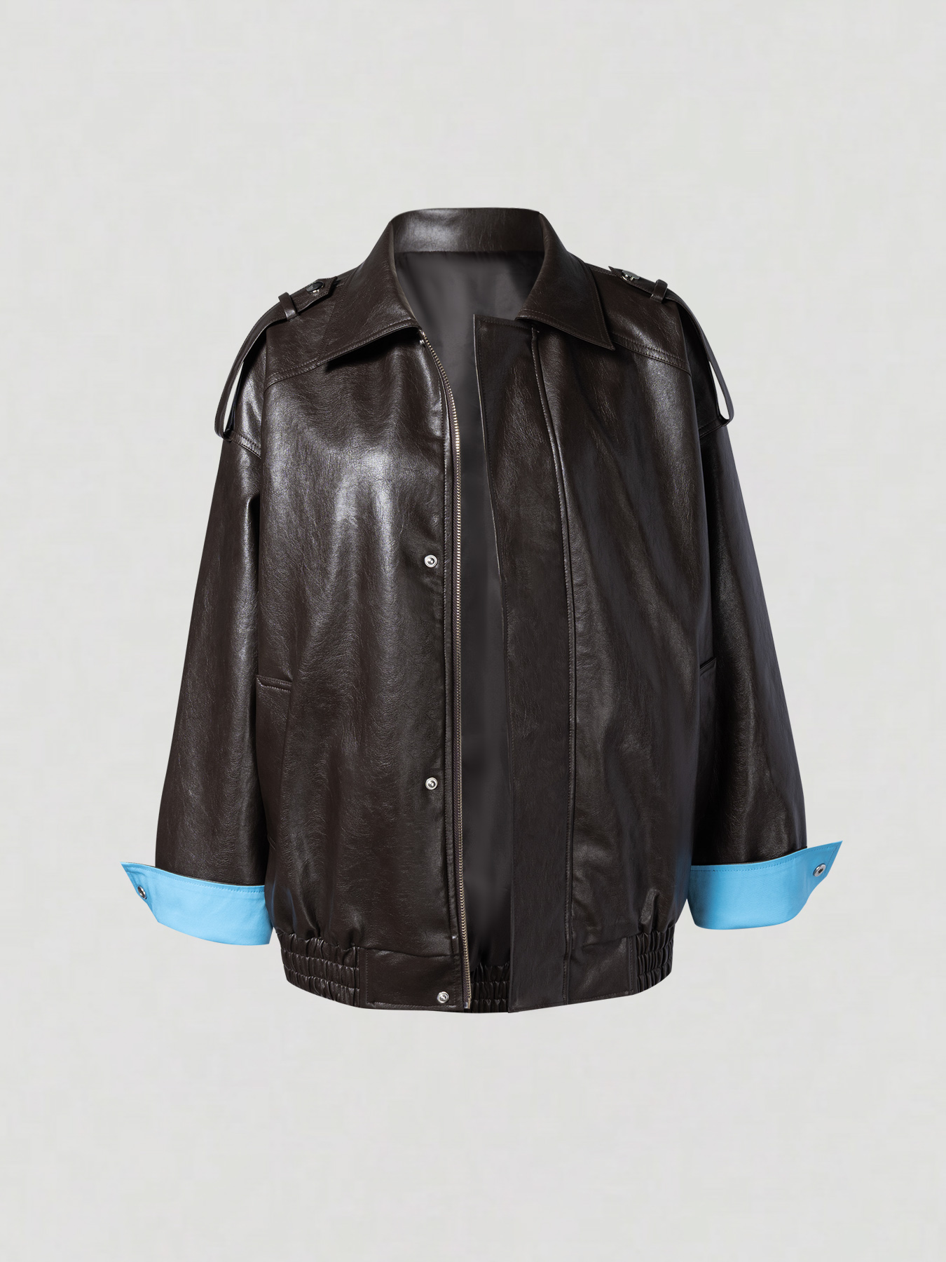 2026 Minimalist Color-Blocking Oversized Vegan Leather Jacket for Commute & Casual