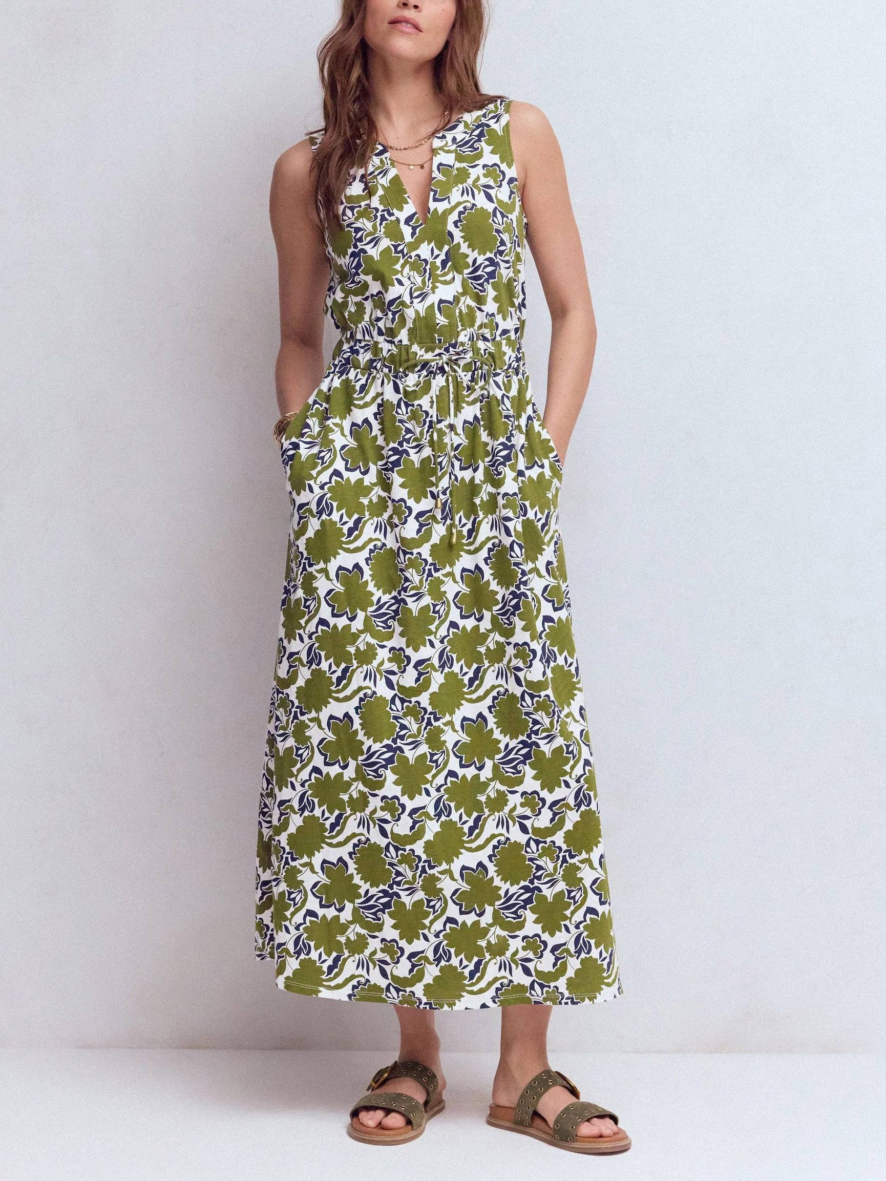 Sleeveless V Neck Tie Waist Pocket Floral Print Maxi Dress
