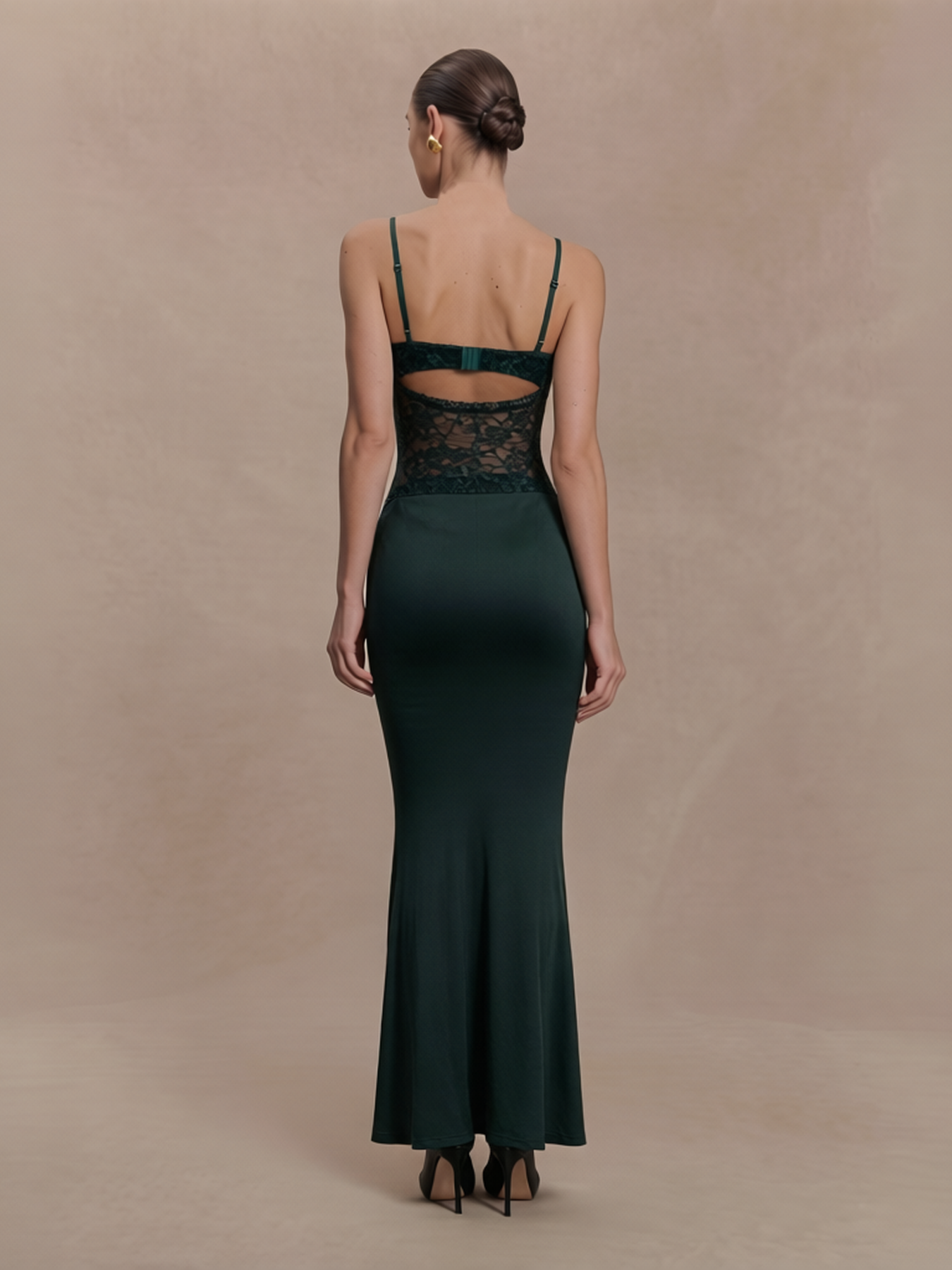 Dark Green Spaghetti Strap Lace Panel Ruched Mermaid Maxi Dress