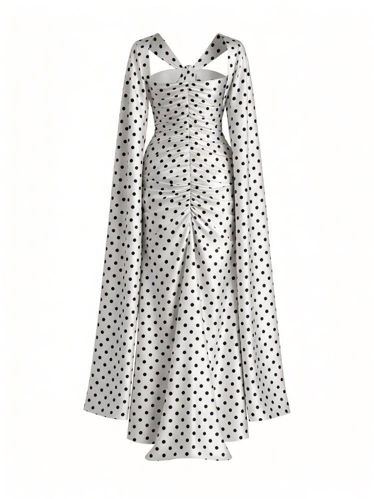 2026 Spring Summer Vintage Hepburn Style Polka Dot Maxi Dress - Halter Neck, Off-Shoulder Sleeves & Shirred Waist-Aetheryn