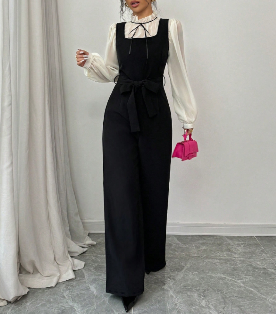 Women's Black Wide-Leg Jumpsuit with Bow Tie Waist