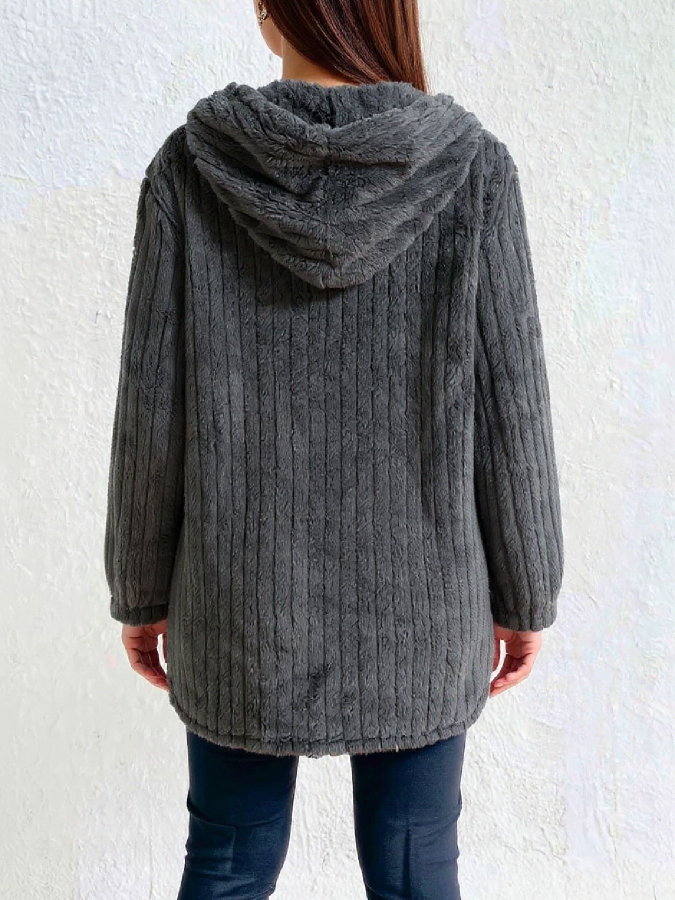 Dark gray pinstripe fur coat Women‘s hooded single-breasted long coat