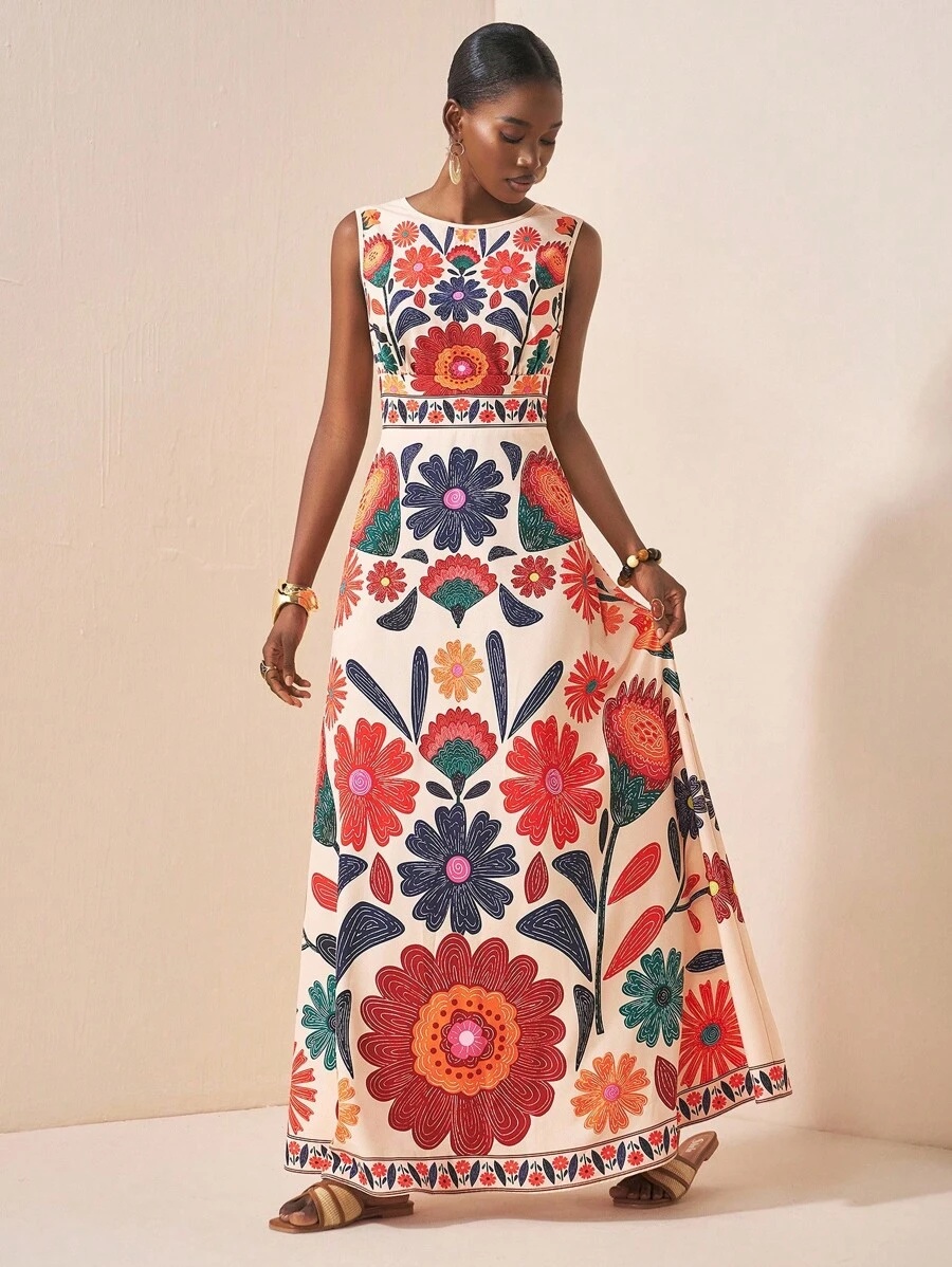 2026 Spring New Colorful Mexican Floral Embroidered Maxi Dress - Sleeveless Formal Party Gown