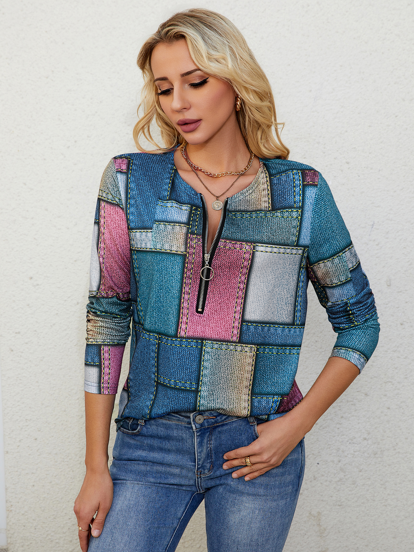 Women's Color Block Patchwork Print Half-Zip Long Sleeve Top