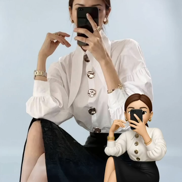 Women's White Blouse with Statement Buttons and Lantern Sleeves