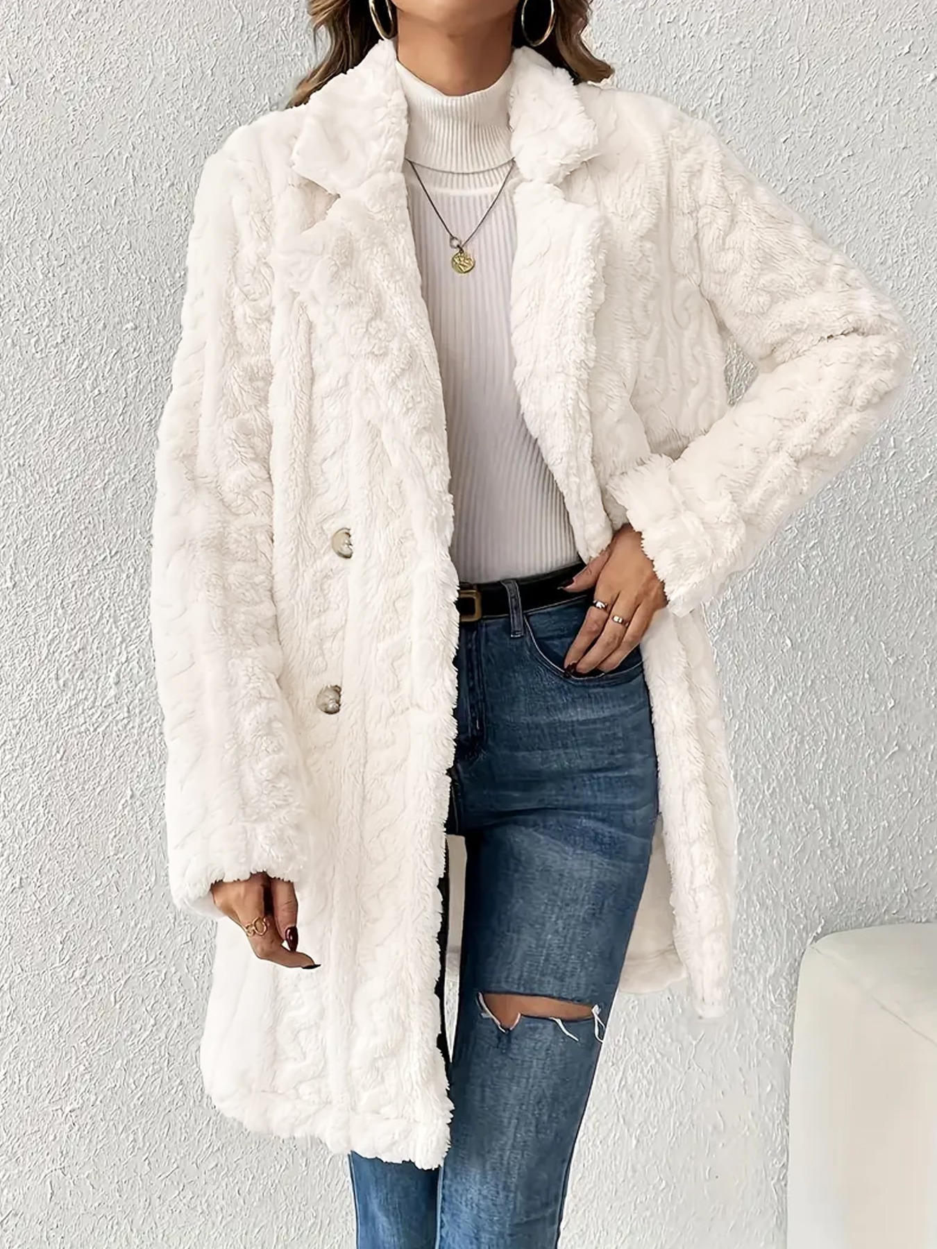 Beige-white suit with fur collar Female double-breasted waist-length coat