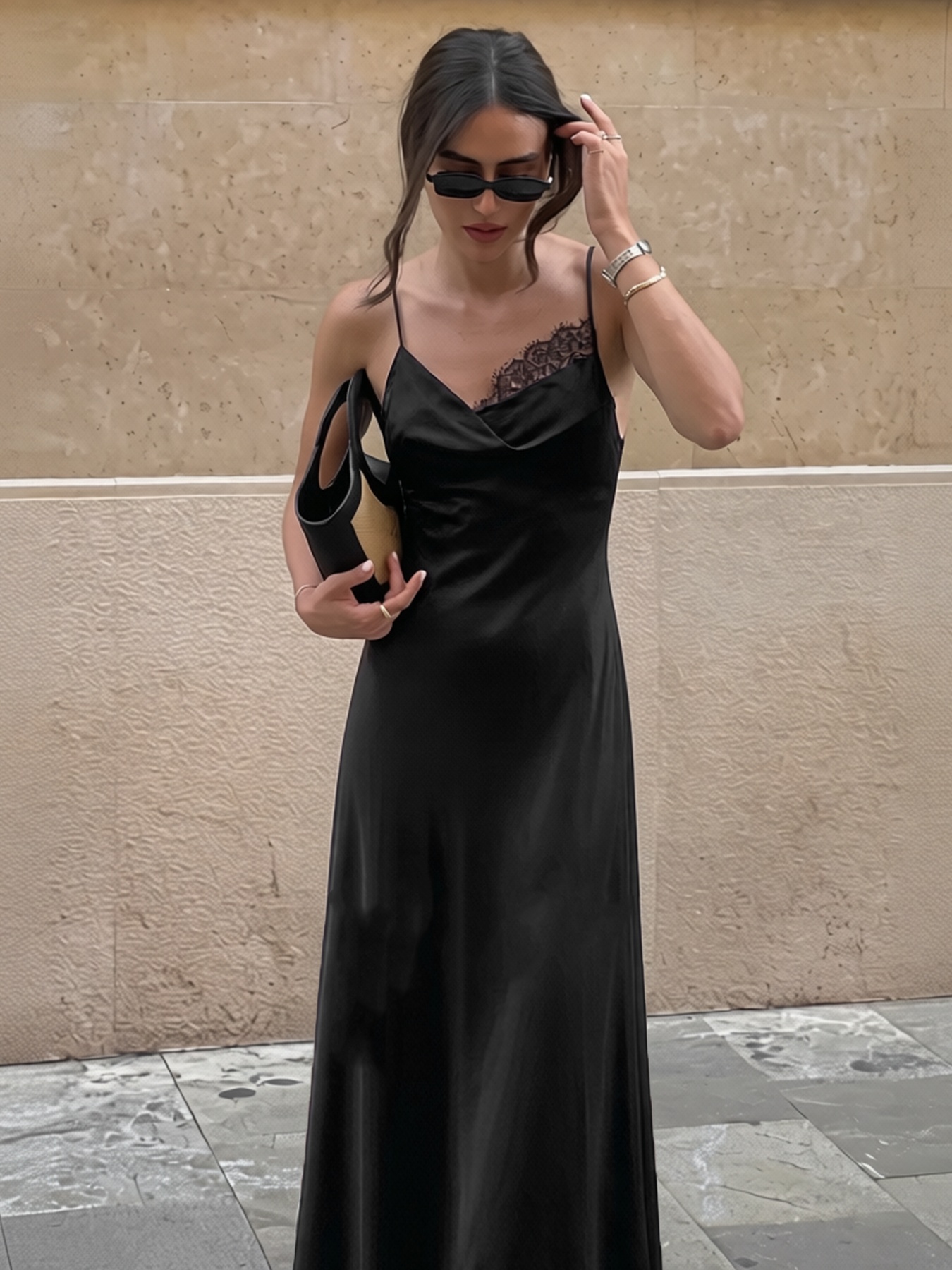 2026 Spring Summer Lace Paneled Satin Slip Dress : Draped Neck Backless Maxi Sexy Dress