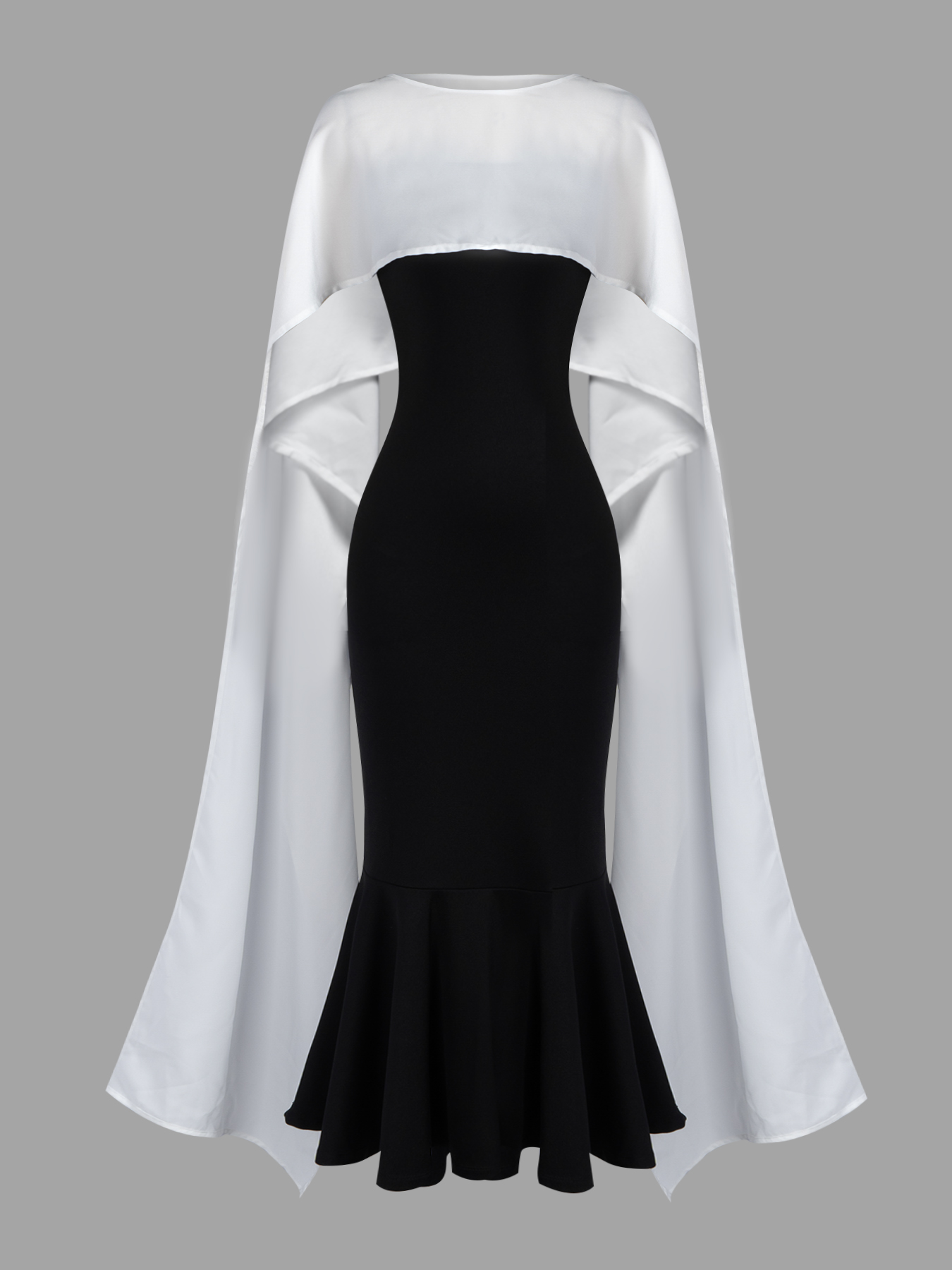Woman's Black & White Cape Overlay Mermaid Maxi Dress