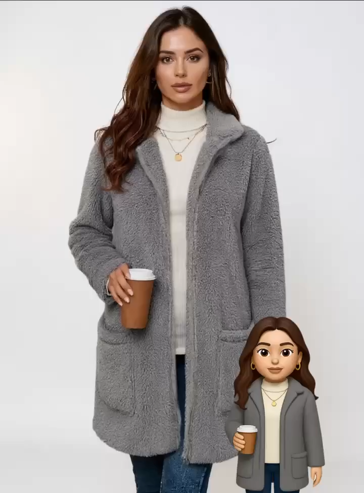 Women's Gray Fleece Zip-Up Longline Teddy Coat
