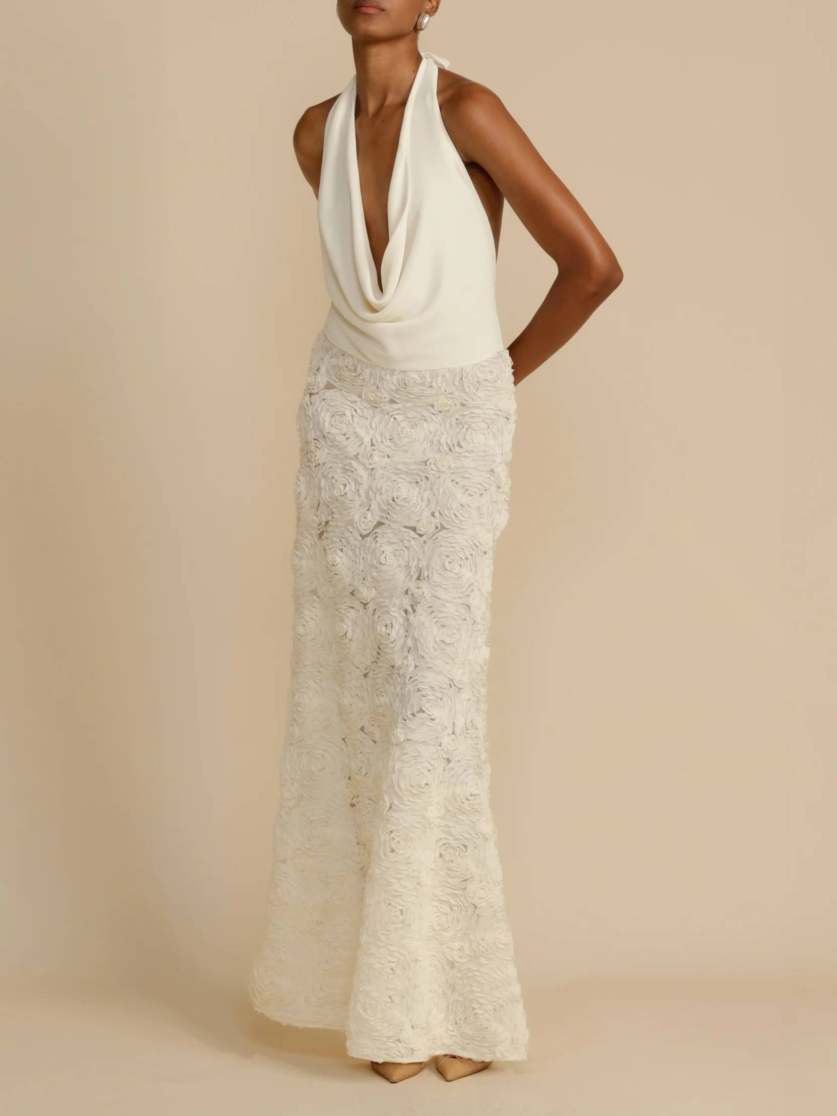 Halter Deep V Backless 3D Rose Lace Maxi Dress 