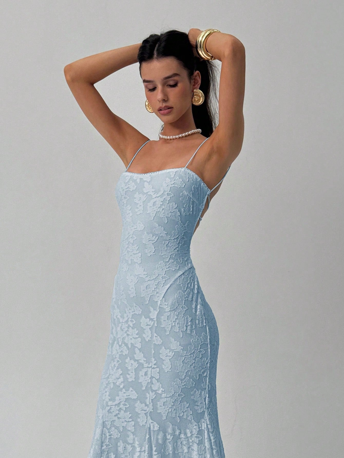 Light Blue Jacquard strap dress, slim fish tail dress, engagement dinner party temperament elegant dress-Aetheryn
