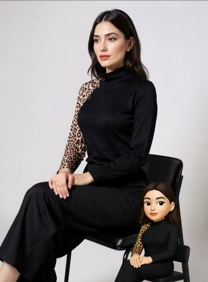 Women's Black Turtleneck Top with Leopard Print Panel and Button Detail